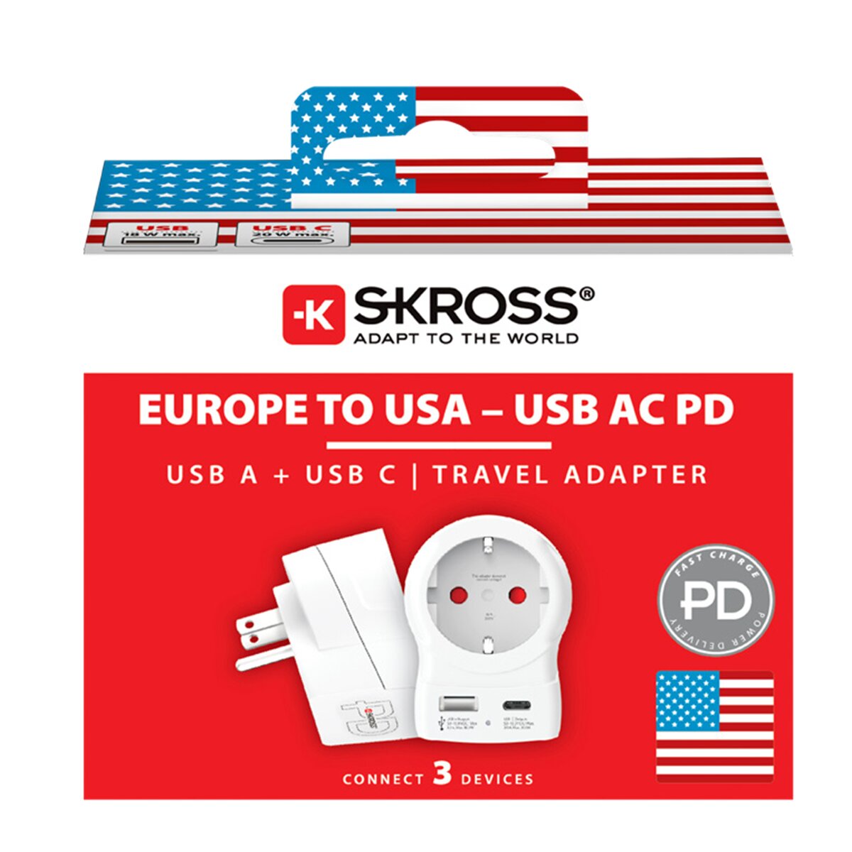 Adaptador de viaje 1500284-E Europa a EEUU 2xUSB A+C PD 20W Blanco / Rojo-5