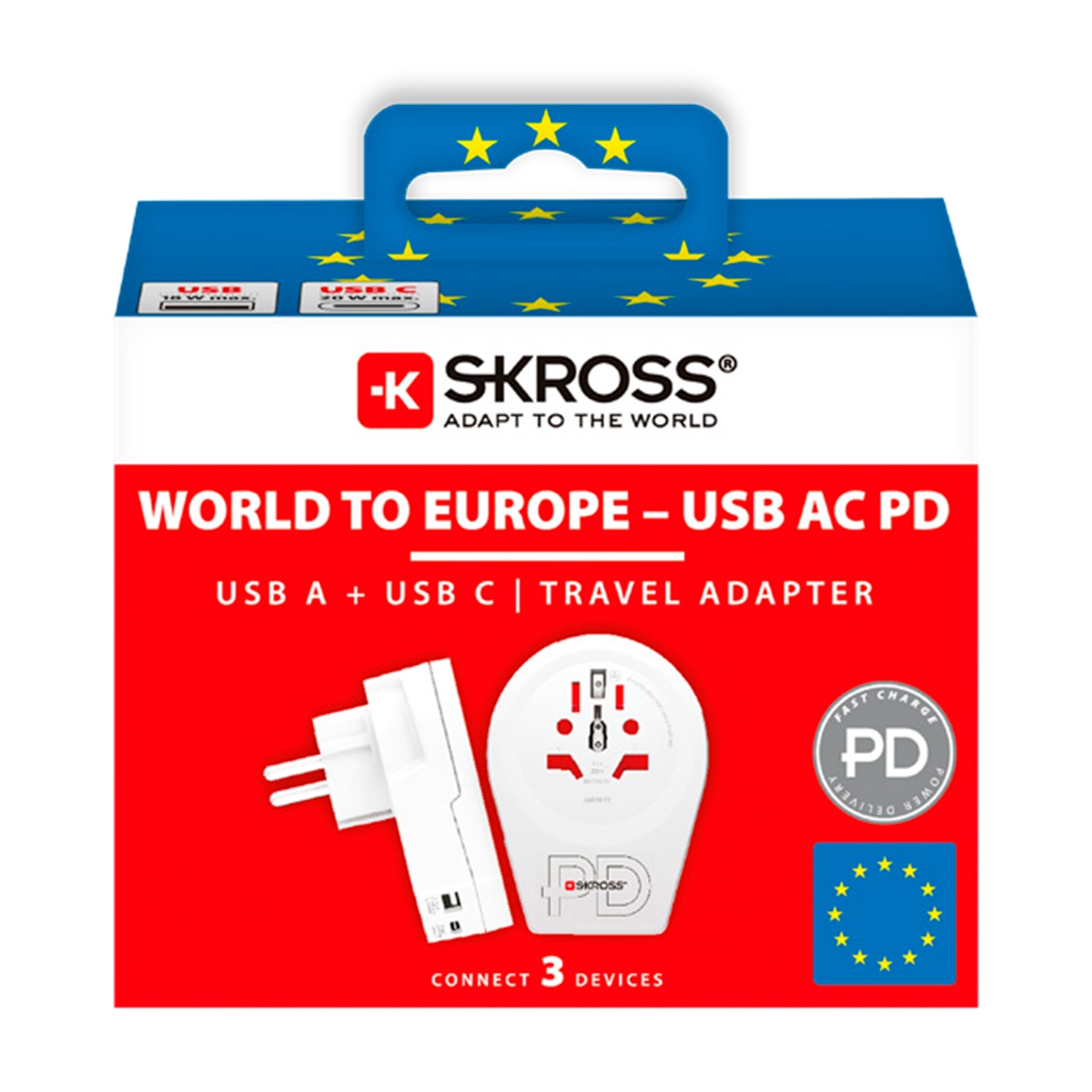 Adaptador de viaje 1500295-E Mundo a Europa 2xUSB A+C PD 20W Blanco / Rojo-6