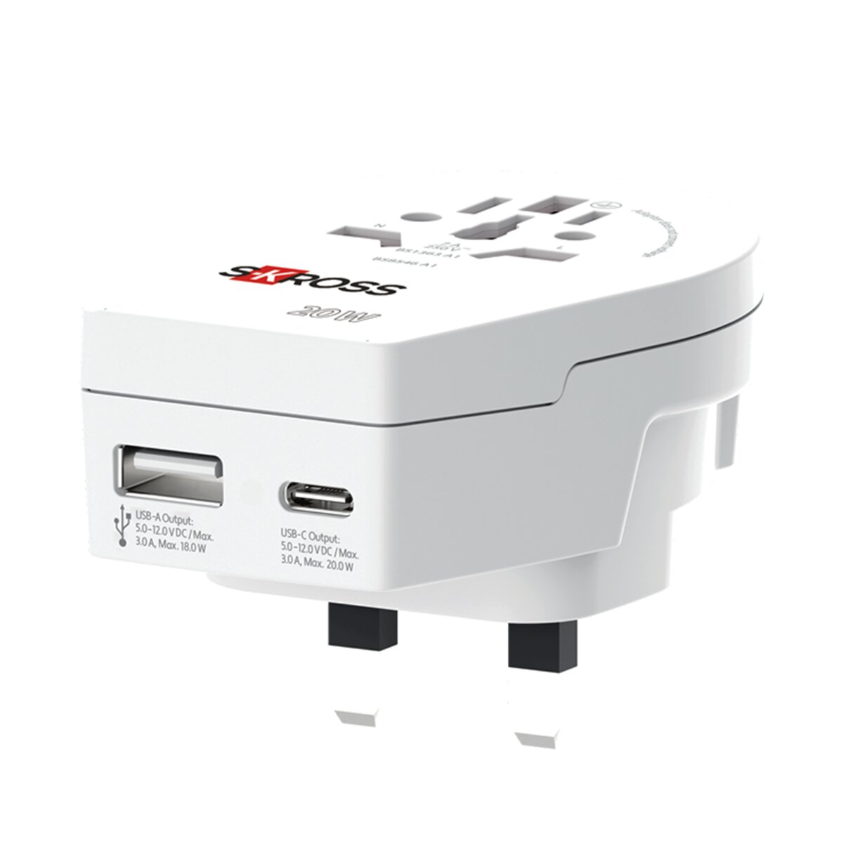 Adaptador de viaje 1500293C-E Mundo a UK 2xUSB A+C PD 20W Blanco / Rojo-2