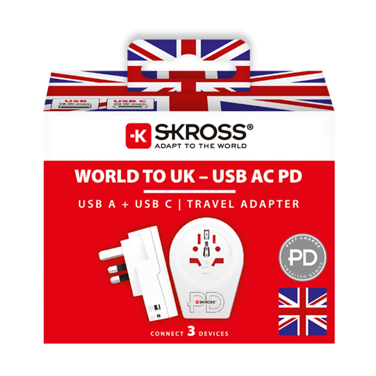 Adaptador de viaje 1500293C-E Mundo a UK 2xUSB A+C PD 20W Blanco / Rojo-5