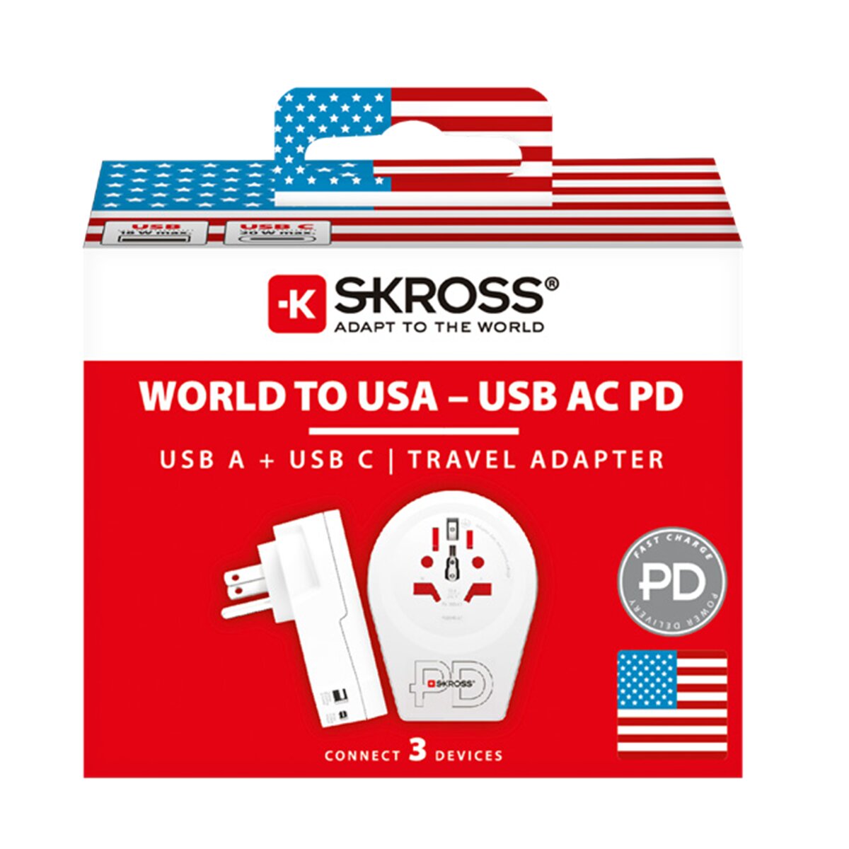 Adaptador de viaje 1500294C-E Mundo a EEUU 2xUSB A+C PD 20W Blanco / Rojo-6
