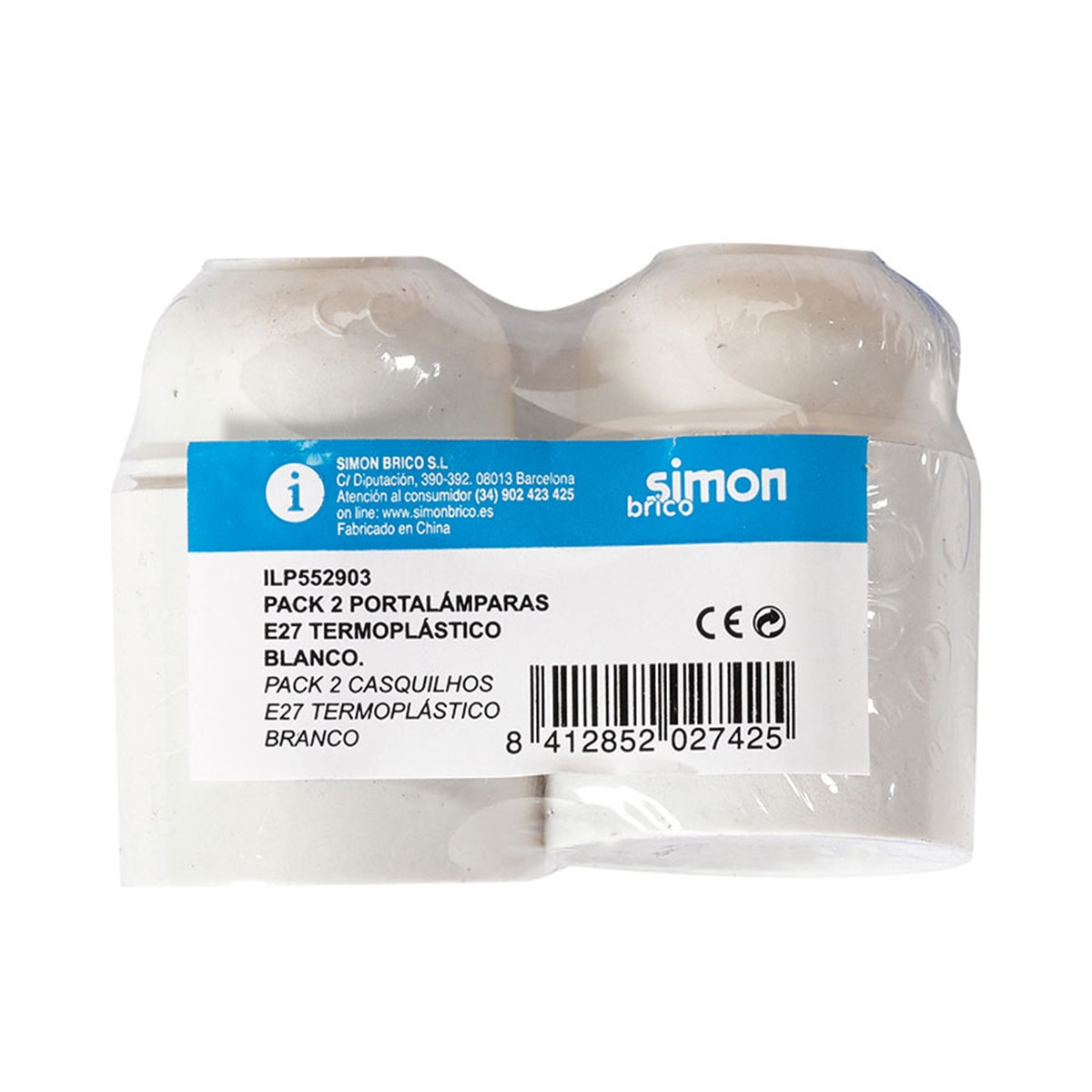 Pack 2 Portalámparas Termoplástico Liso E-27 Blanco Simon Brico 2