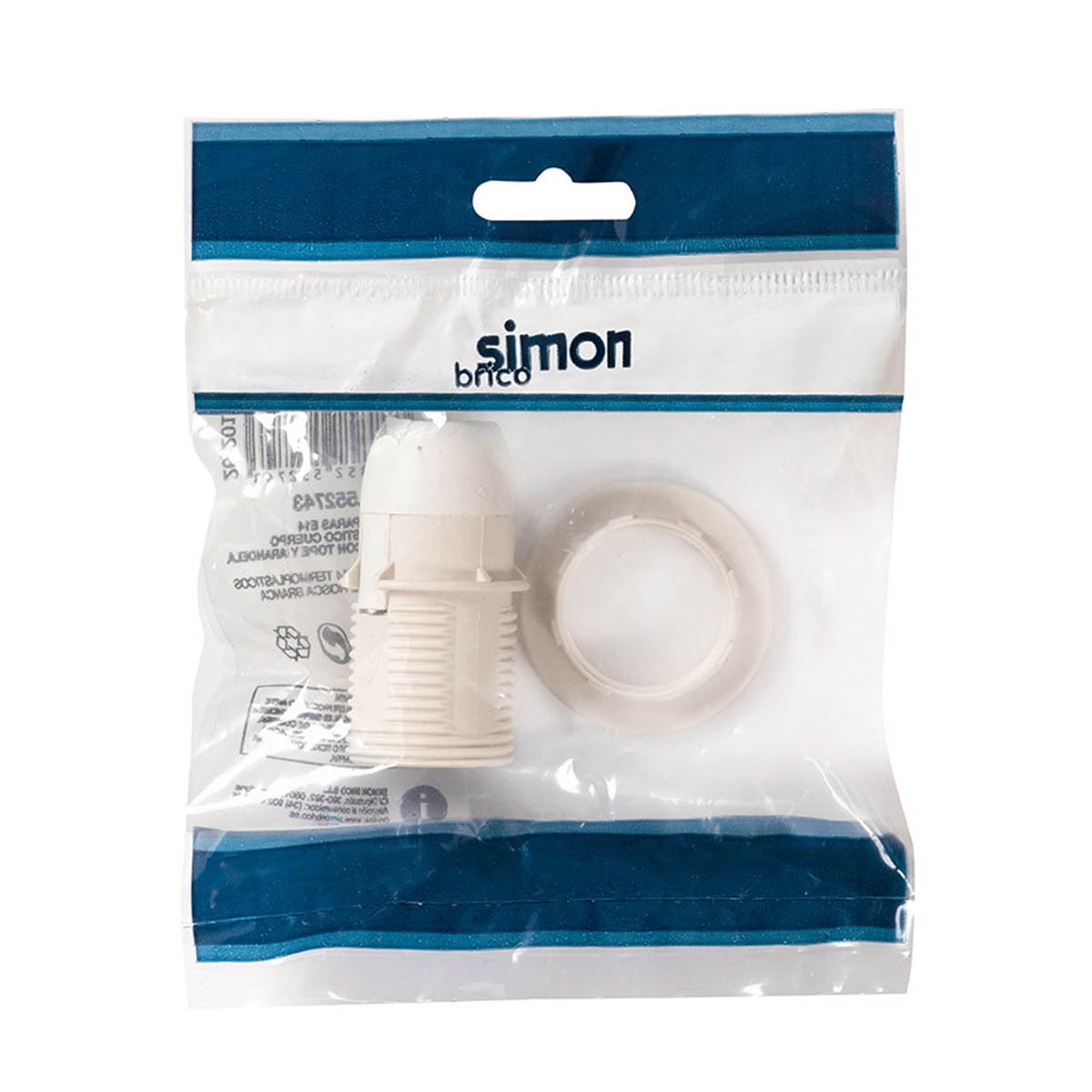Portalámparas Termoplástico Cuerpo Roscado E-14 Blanco Con Tope Y Arandela Simon Brico 2