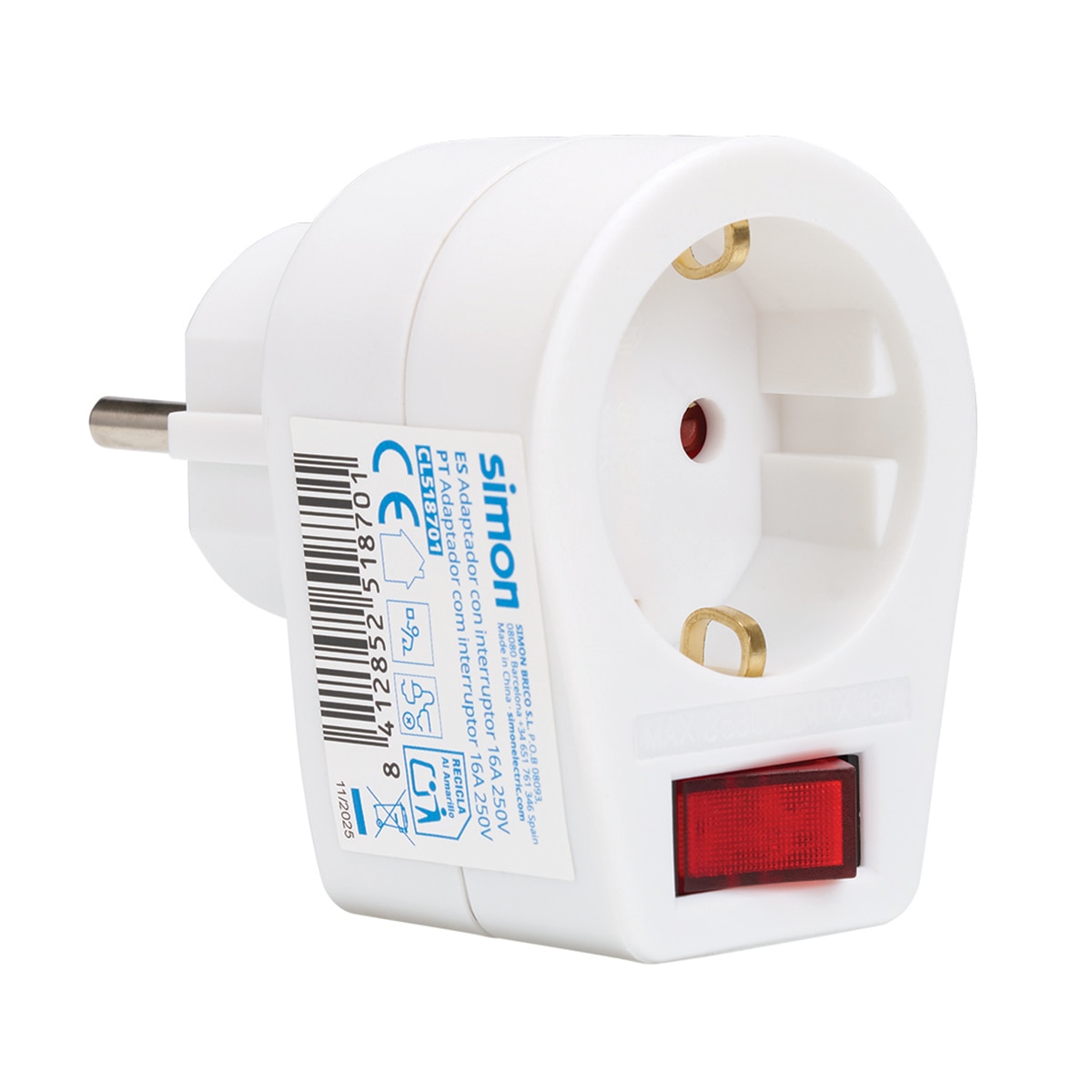 Adaptador 16A 250V branco com interruptor 3