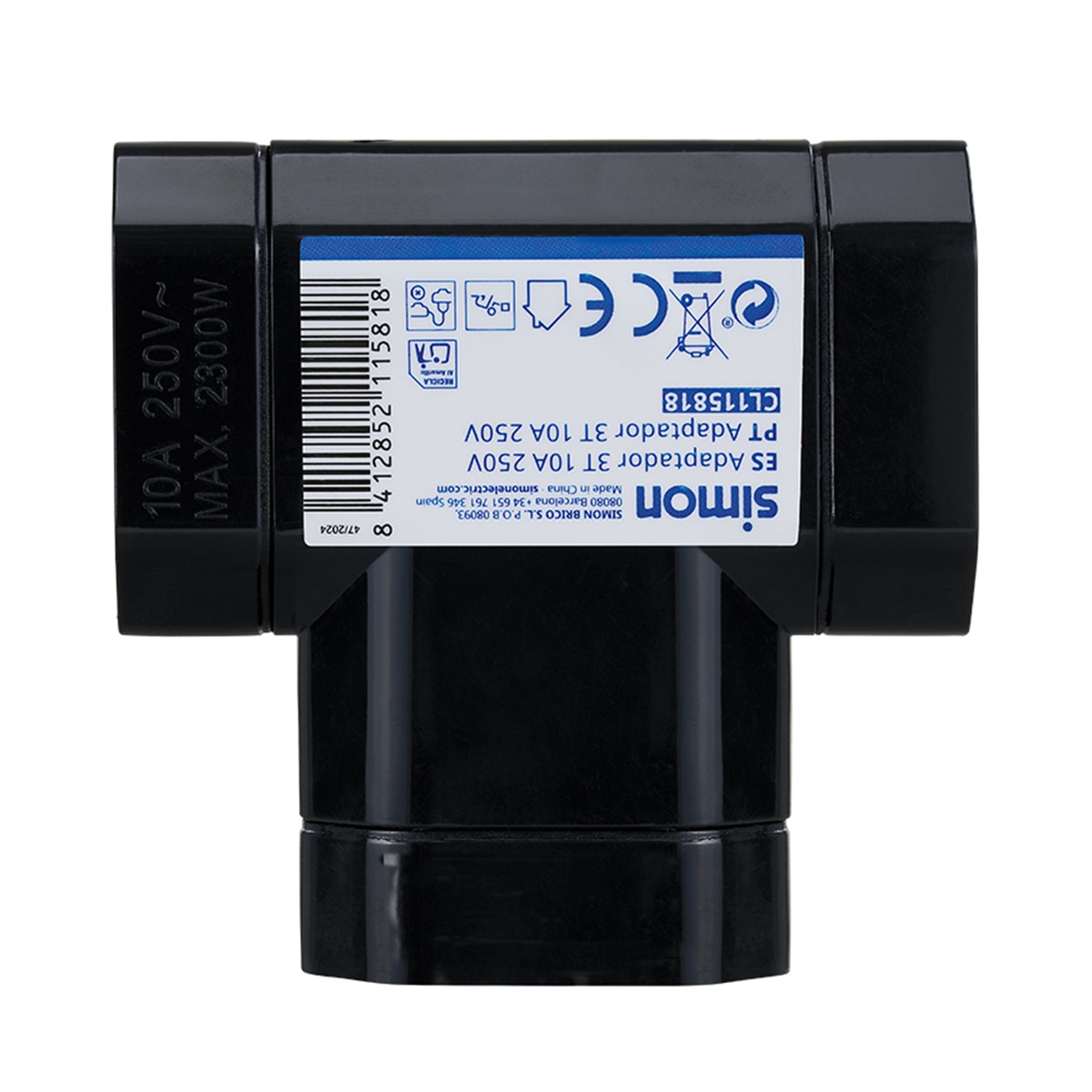 Adaptador Eléctrico Triple Lateral 10A 250V Simon Negro-3
