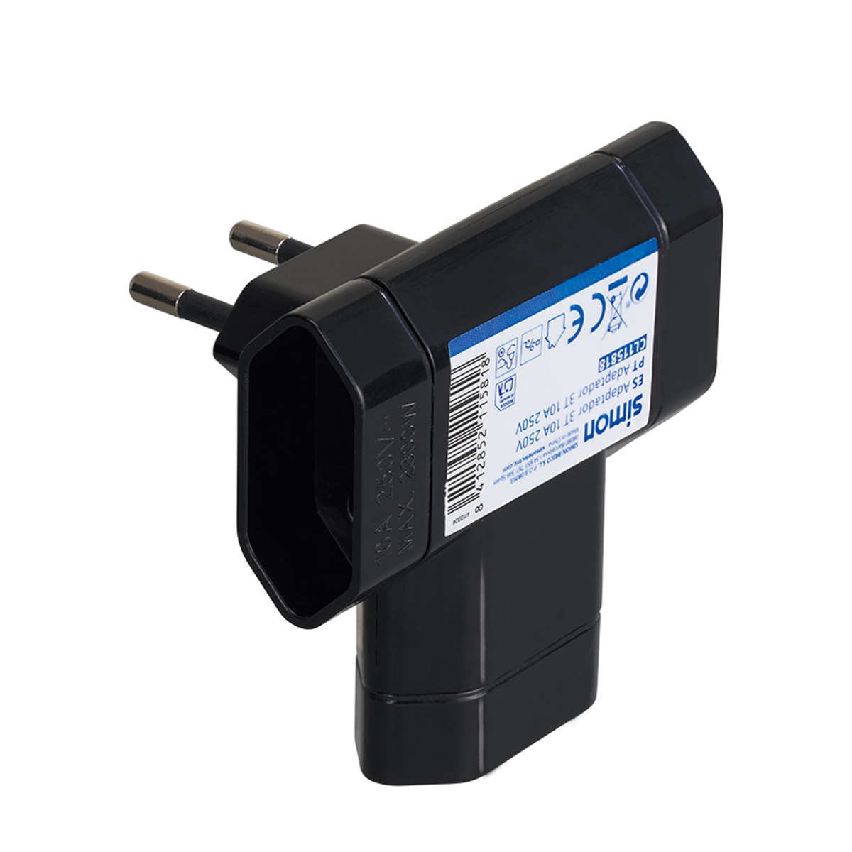 Adaptador Eléctrico Triple Lateral 10A 250V Simon Negro-4