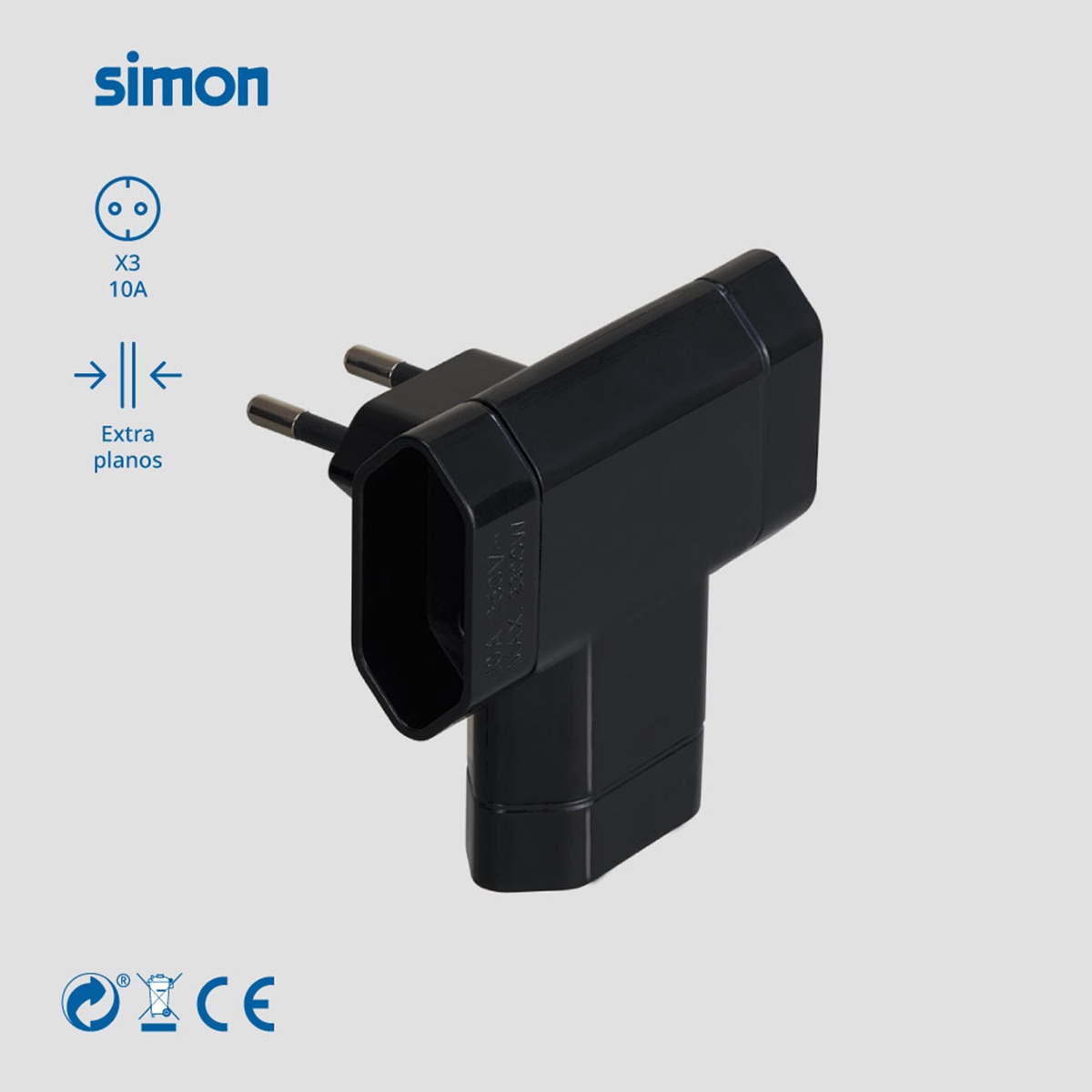 Adaptador Eléctrico Triple Lateral 10A 250V Simon Negro-5