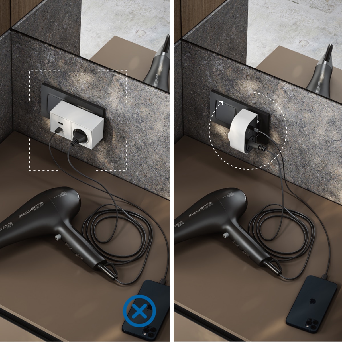 Adaptador giratório 180 graus Plug III 3 tomadas 16 A 250 V Branco / Preto-6