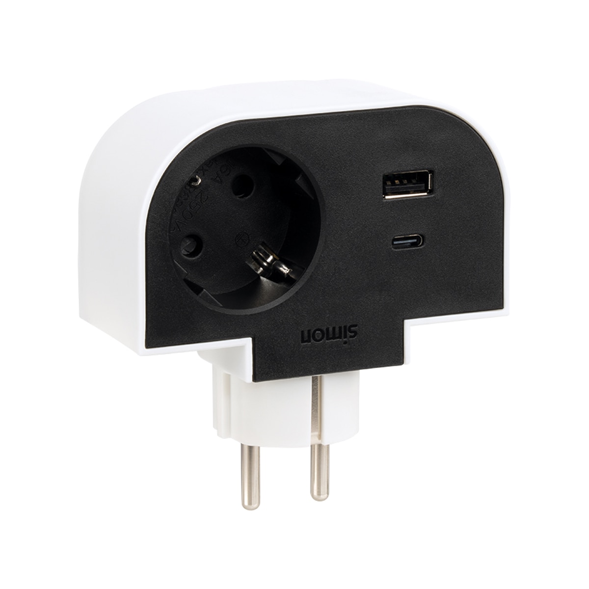 Adaptador Giratorio 180 Grados 1 Toma + USB A + USB C 30W Carga Rápida Simon Plug Blanco / Negro-3