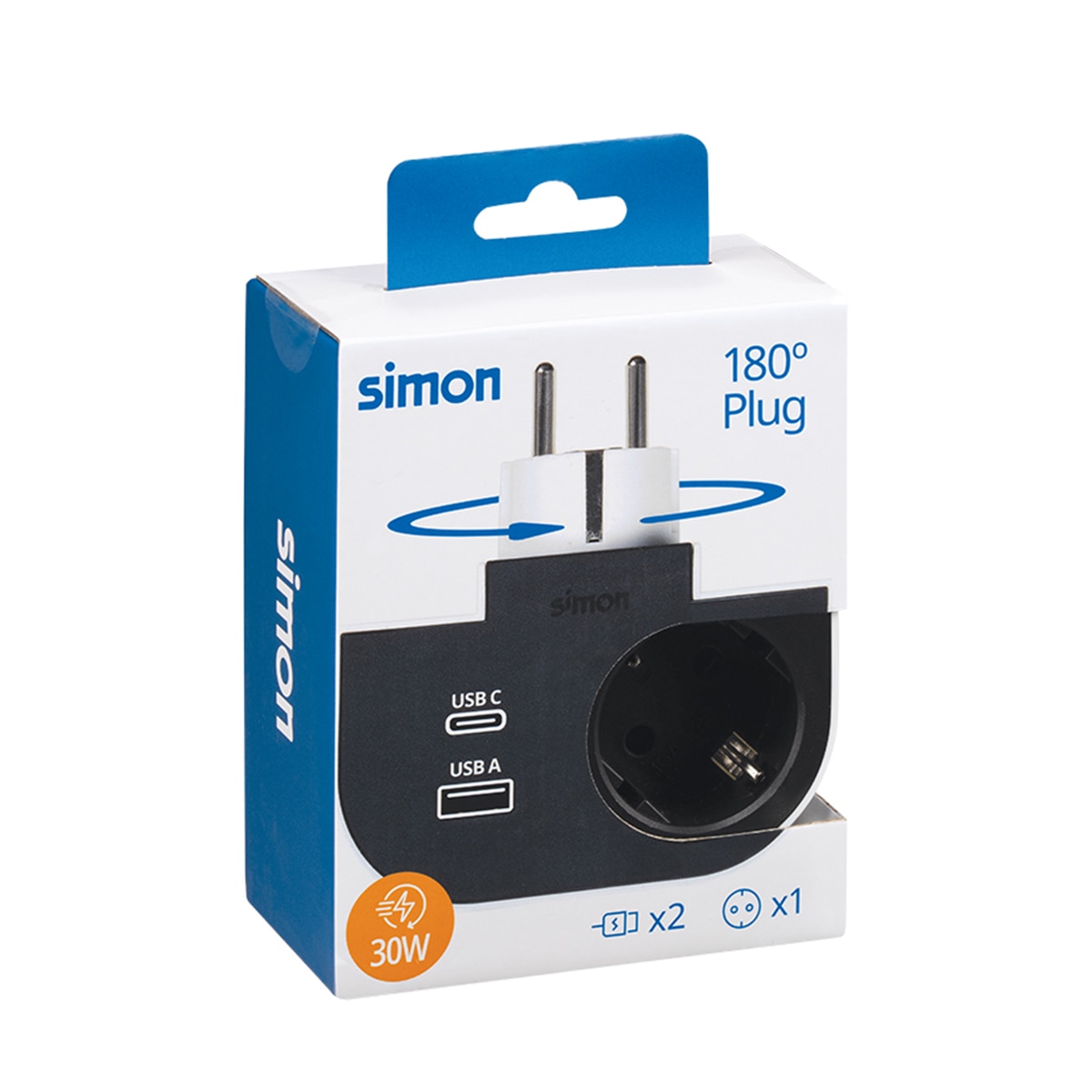 Adaptador Giratorio 180 Grados 1 Toma + USB A + USB C 30W Carga Rápida Simon Plug Blanco / Negro-8