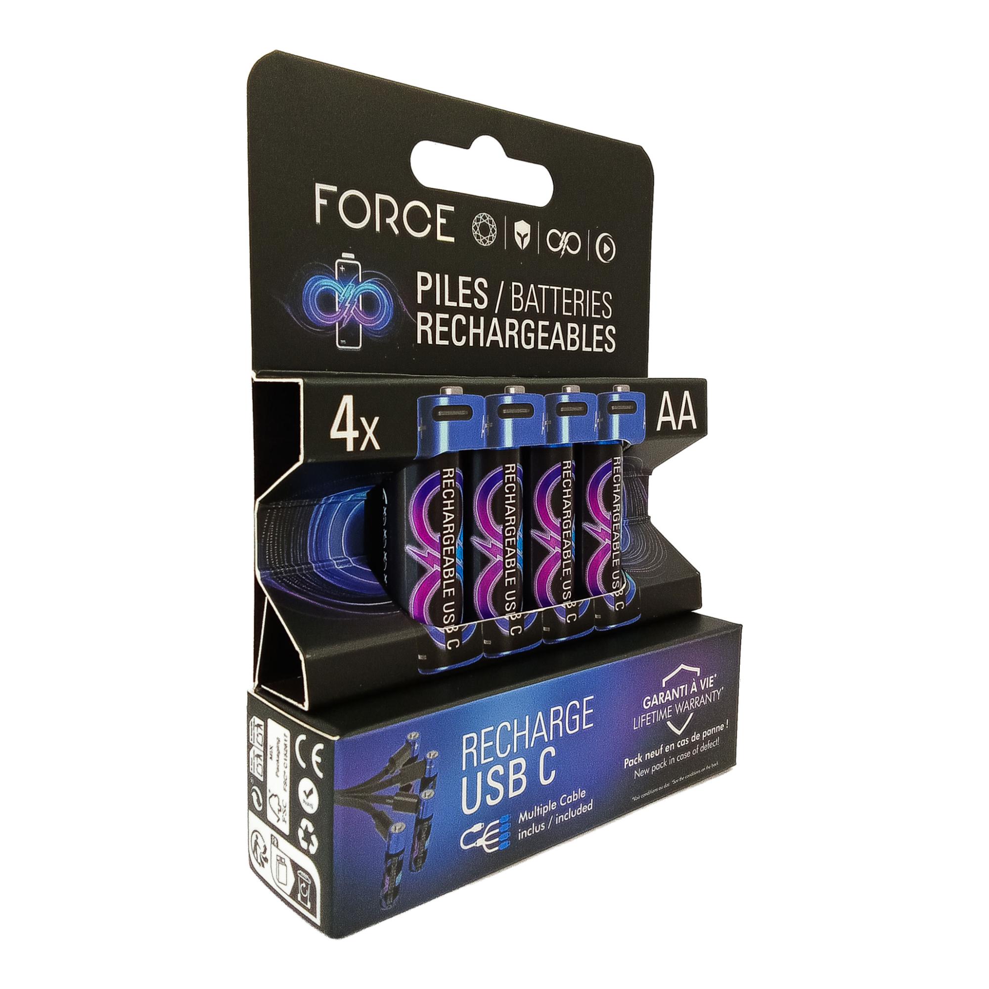 Pack de 4 Pilhas AA Recarregáveis de Lítio de 2000 mAh + Cabo USB-C Azul / Preto-3