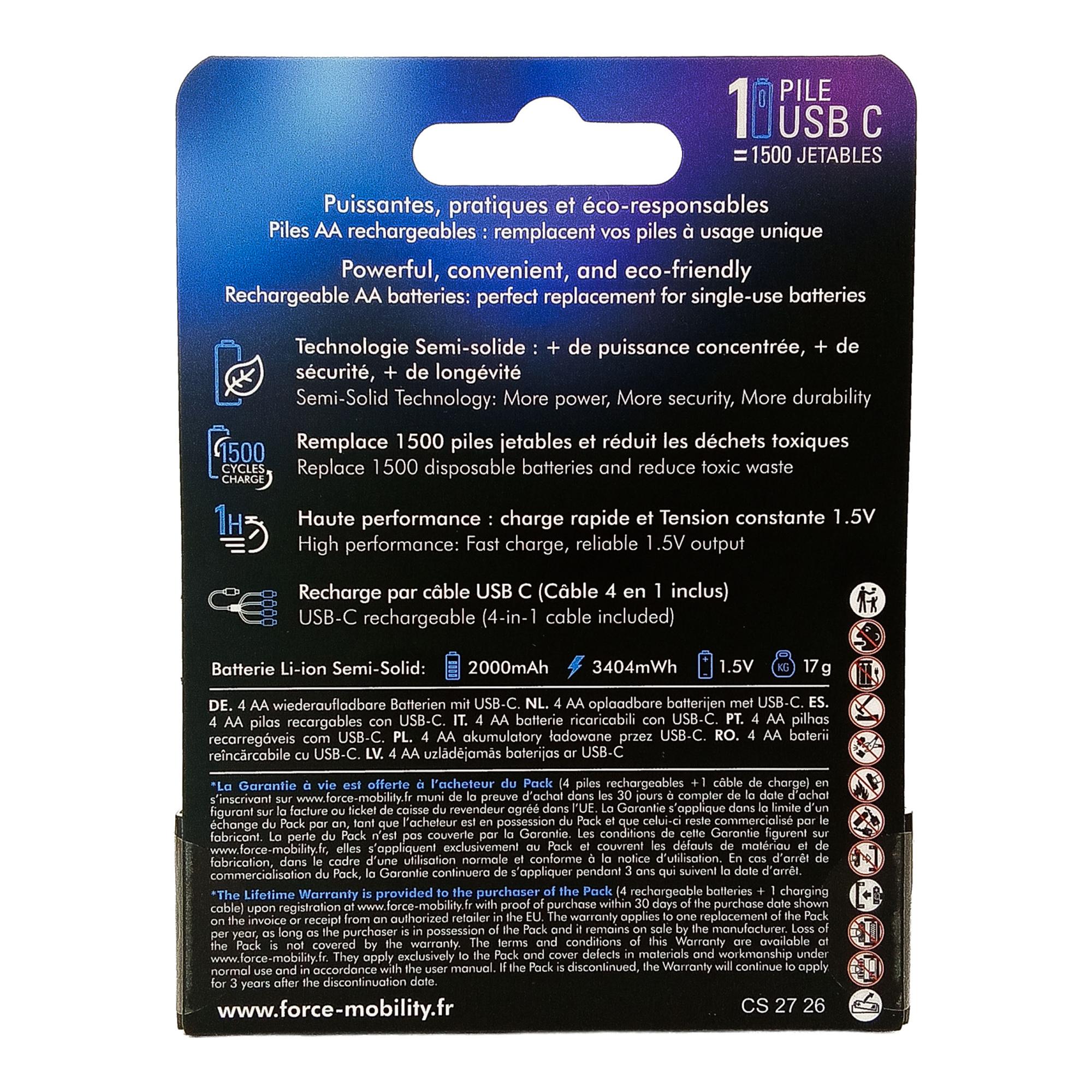 Pack de 4 Pilhas AA Recarregáveis de Lítio de 2000 mAh + Cabo USB-C Azul / Preto-4