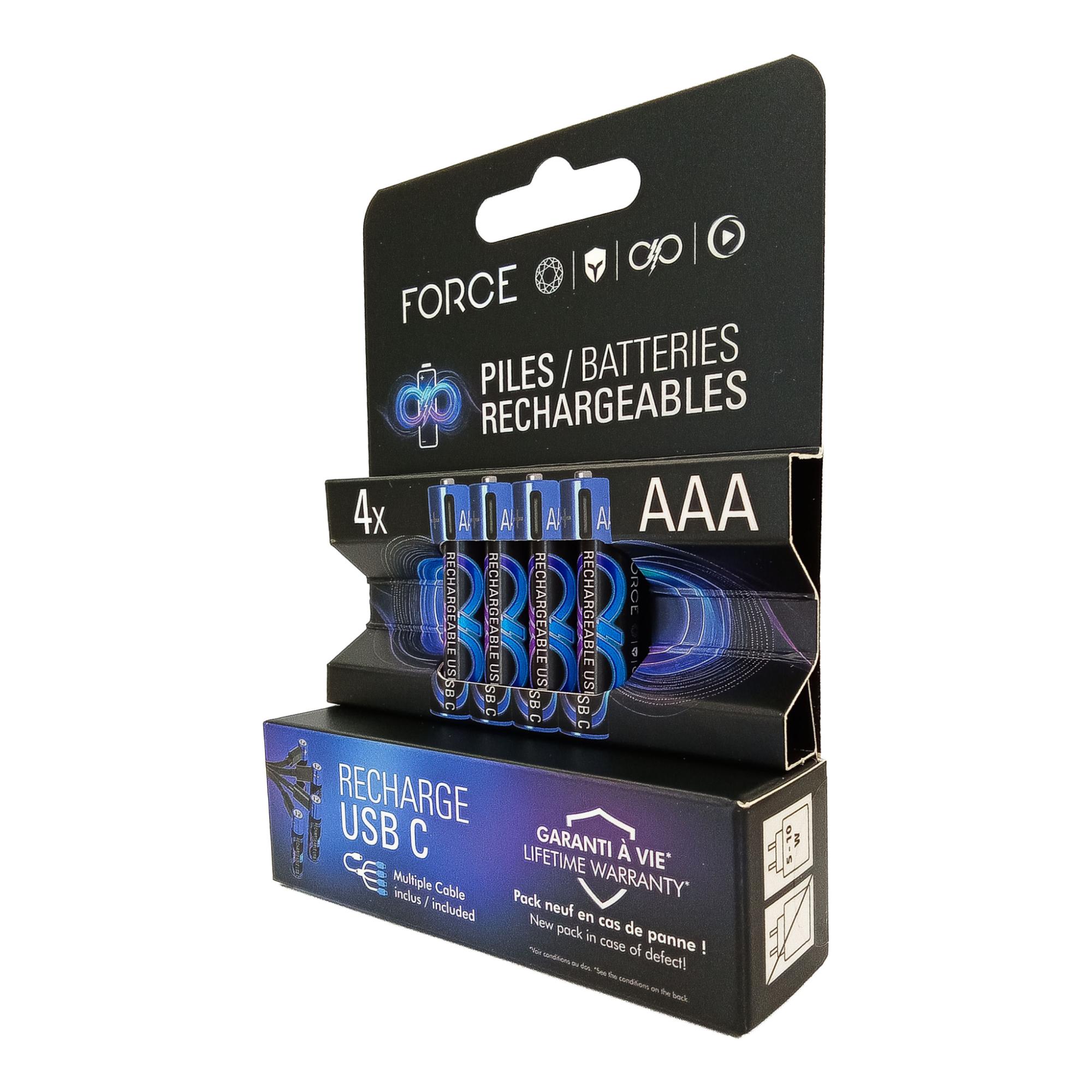 Pack de 4 pilhas AAA Recarregáveis de Lítio de 600 mAh + Cabo USB-C Azul / Preto-2