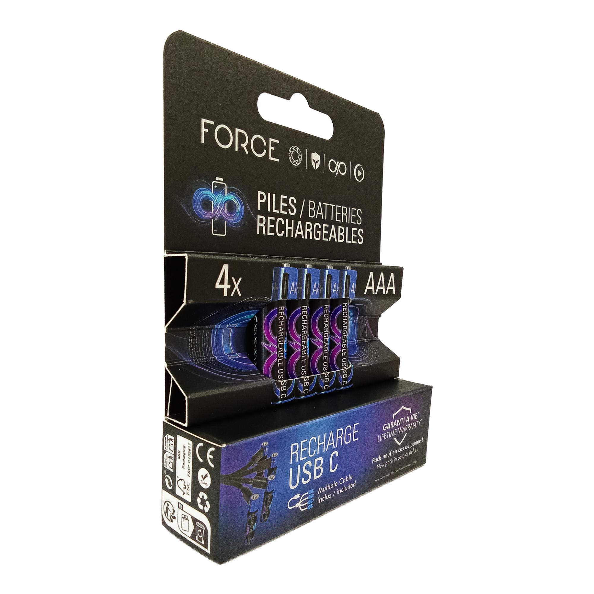 Pack de 4 pilhas AAA Recarregáveis de Lítio de 600 mAh + Cabo USB-C Azul / Preto-3