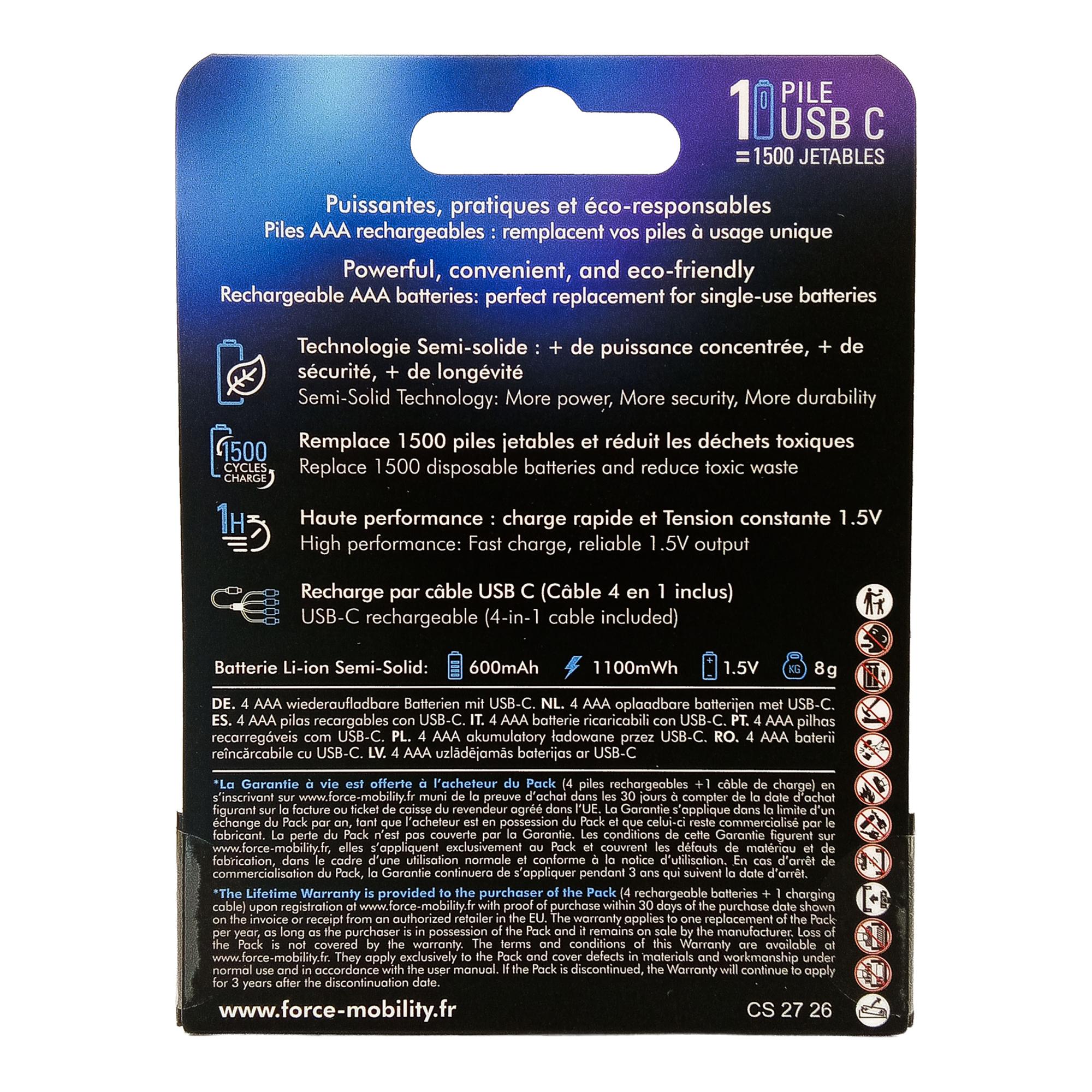 Pack de 4 pilhas AAA Recarregáveis de Lítio de 600 mAh + Cabo USB-C Azul / Preto-4