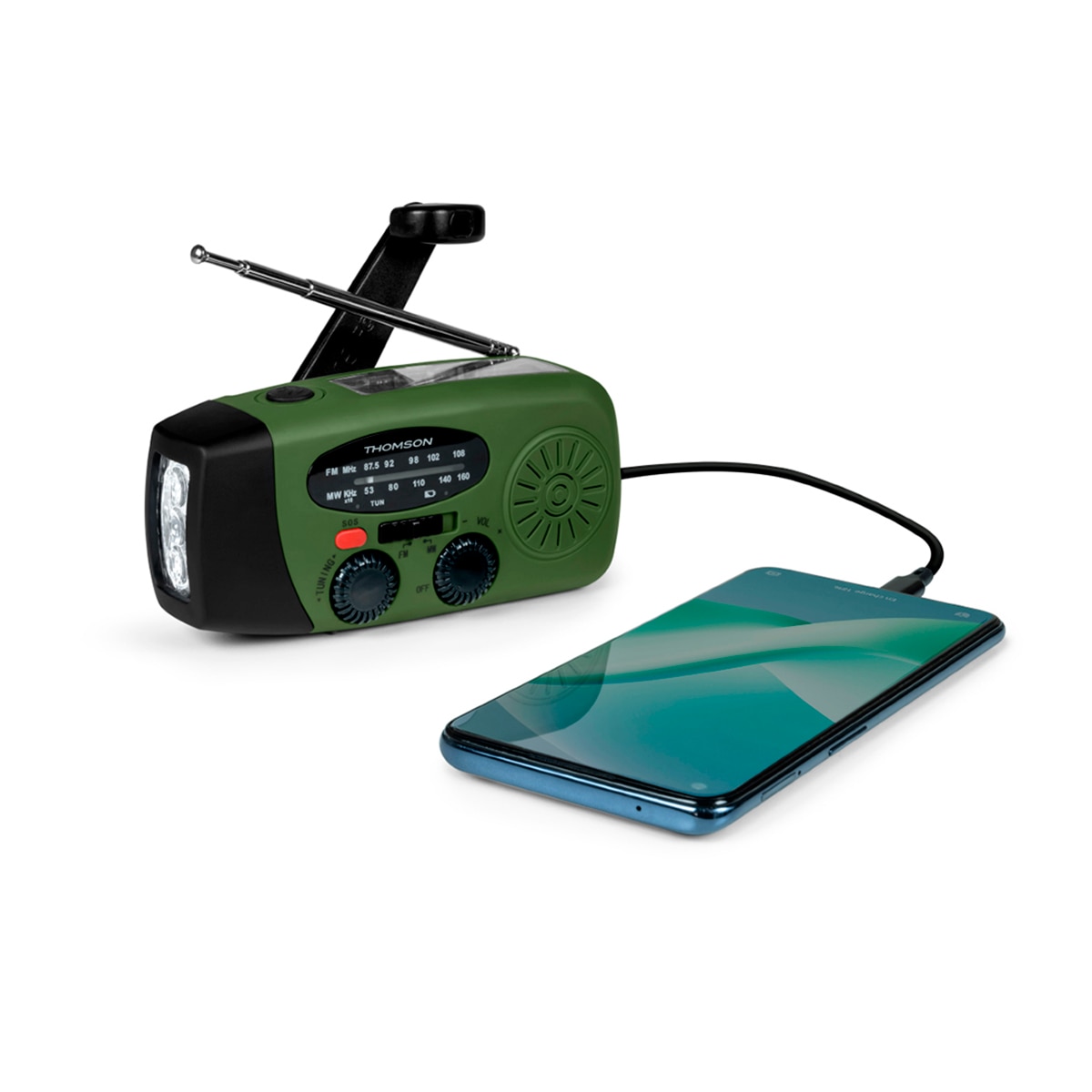 Radio Linterna Emergencia IPX3 Carga Solar/Dinamo/USB-C Verde-7