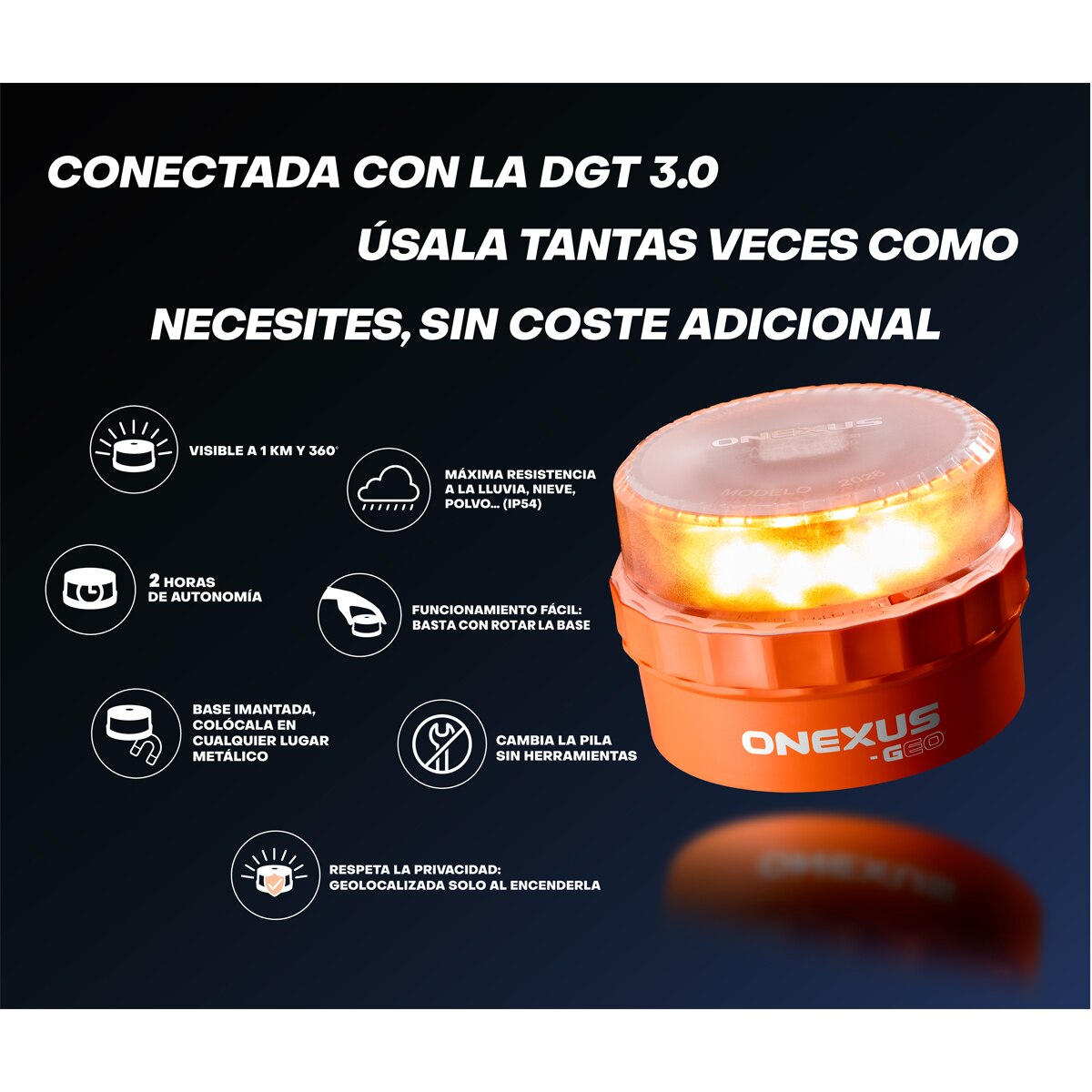 Baliza de emergencia geolocalizable V16 Onexus-Geo homologada y conectada con la DGT Naranja-7