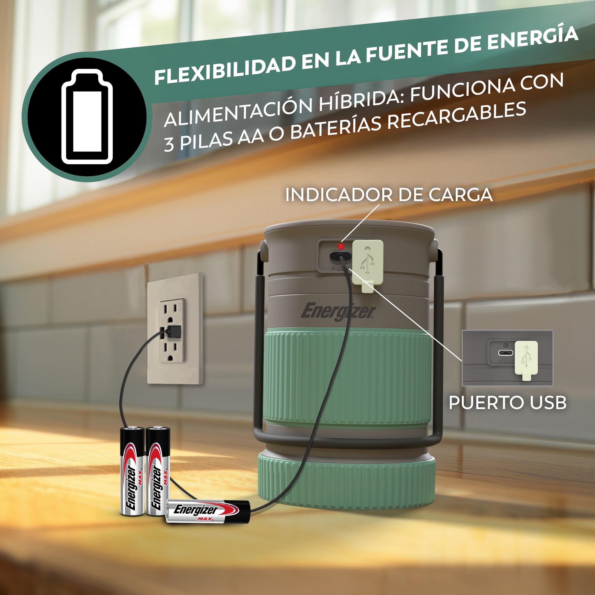 Linterna Híbrida con doble carga, 500 LM Verde / Gris-7