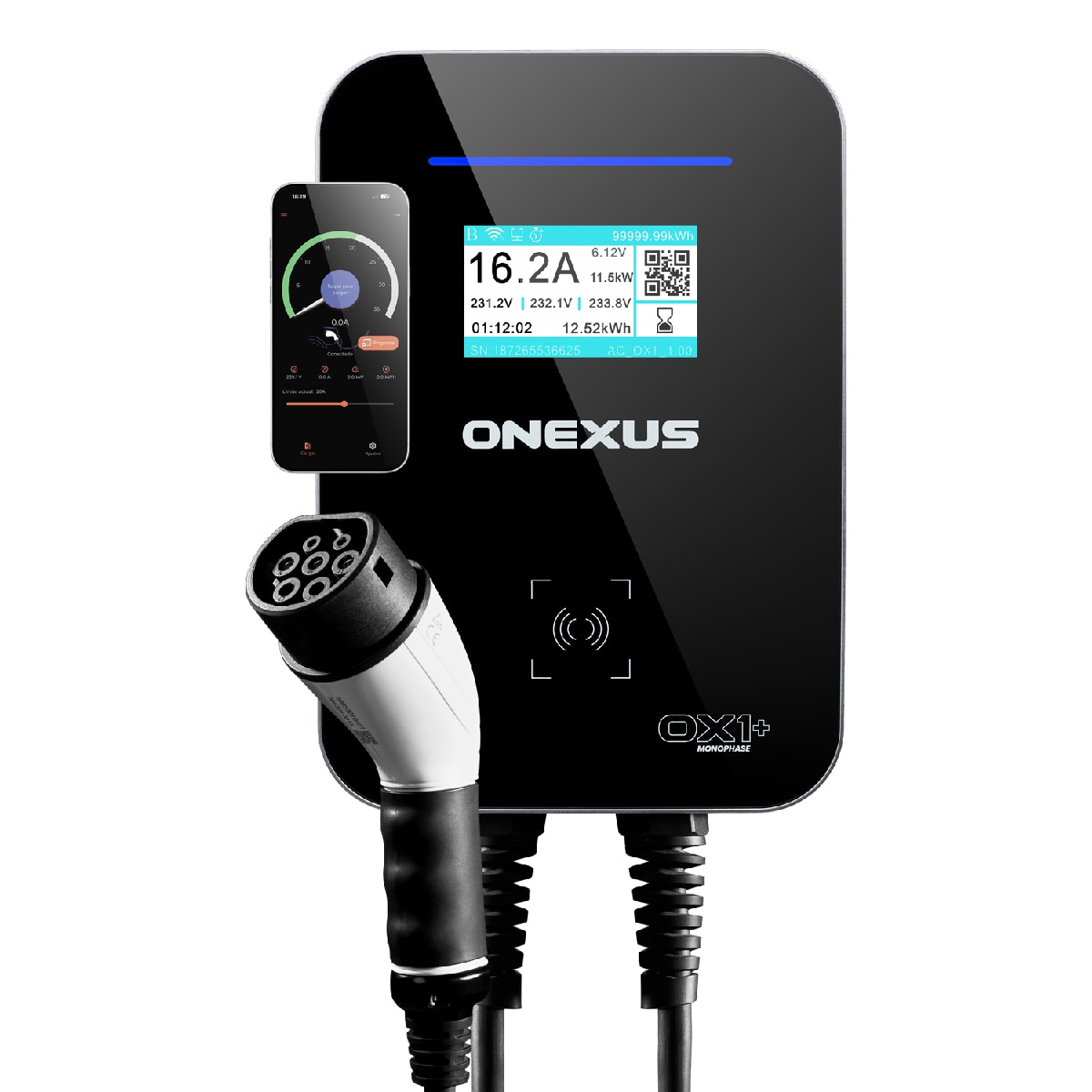Cargador de Vehículo Eléctrico ONEXUS 0X1+ 7.4kW Monofásico - App y Cable 7,5m Plata / Negro-14