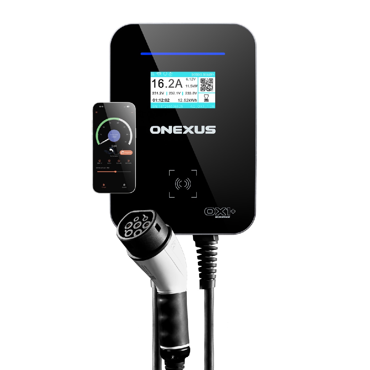 Cargador de Vehículo Eléctrico ONEXUS 0X1+ Trifásico 22kW - Balanceo de carga, App y Cable 7,5m Plata / Negro-3