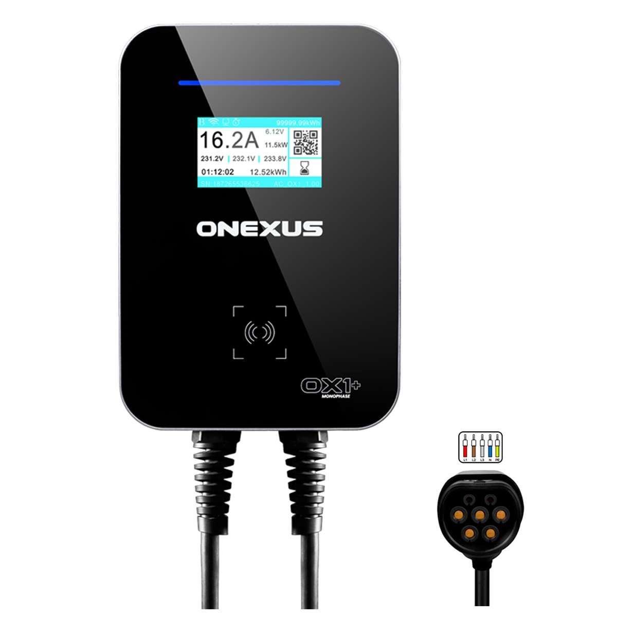 Cargador de Vehículo Eléctrico ONEXUS 0X1+ Trifásico 22kW - Balanceo de carga, Módulo Fotovoltáico, App y Cable 7,5m Plata / Negro-11