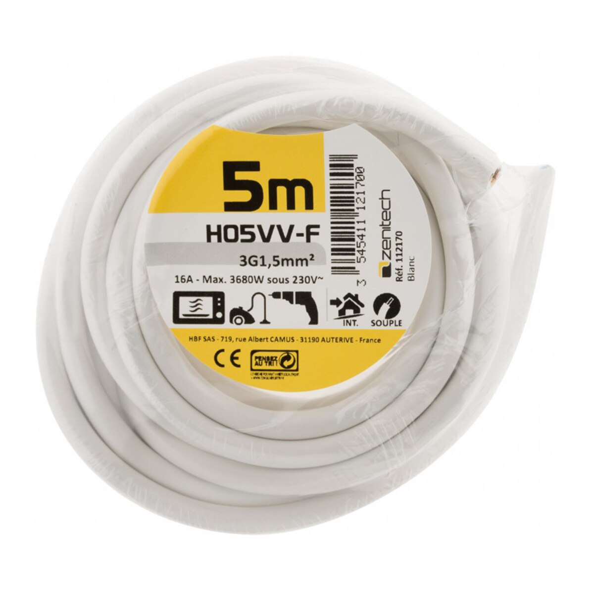 Cable H05VV-F - 3x1,5 mm² - 5 m Blanco-2
