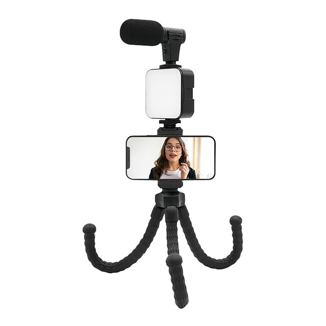 Soporte para Móvil con Trípode Flexible con Luz LED y Micrófono