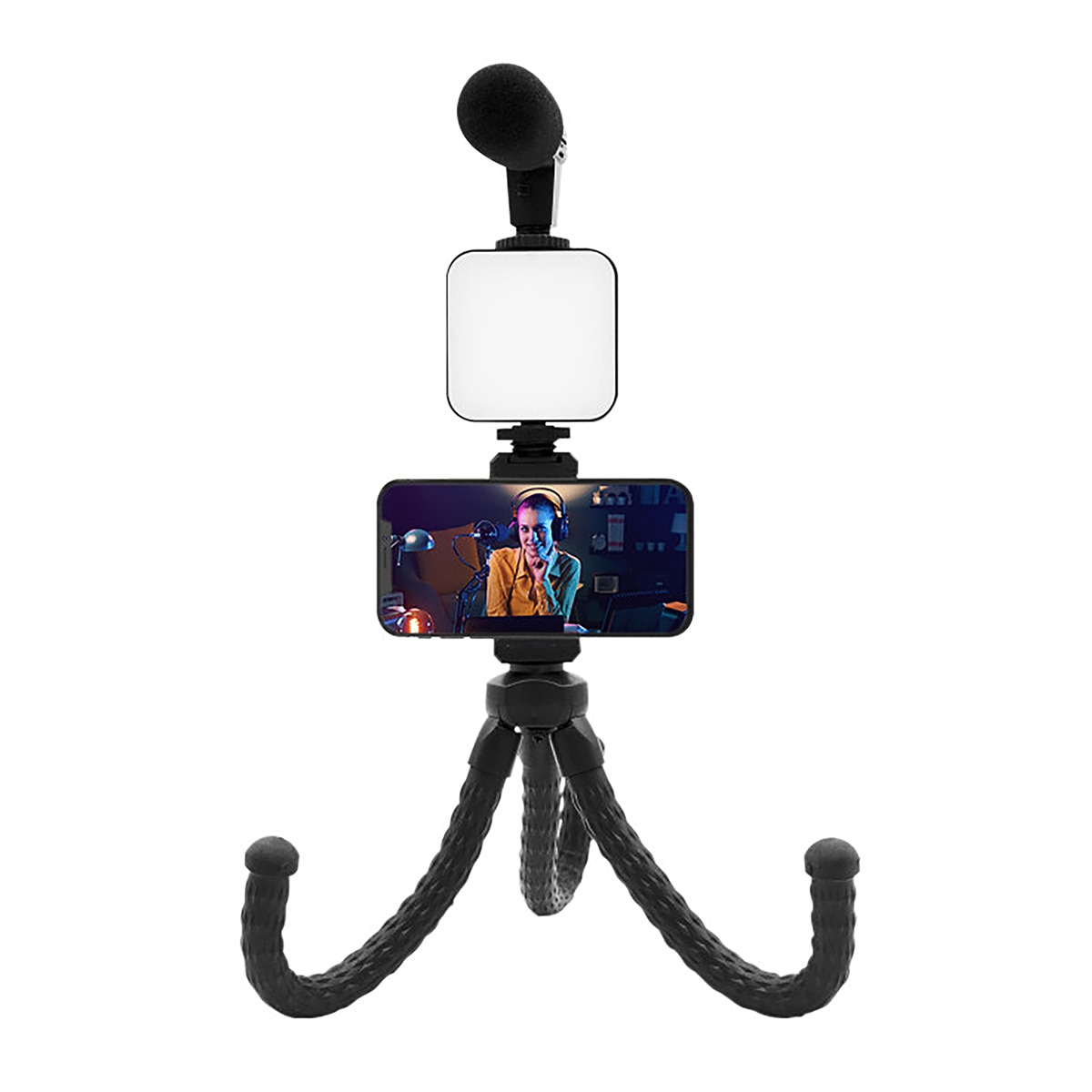 Suporte para Telemóvel com Tripé Flexível, Luz LED e Microfone Preto-3
