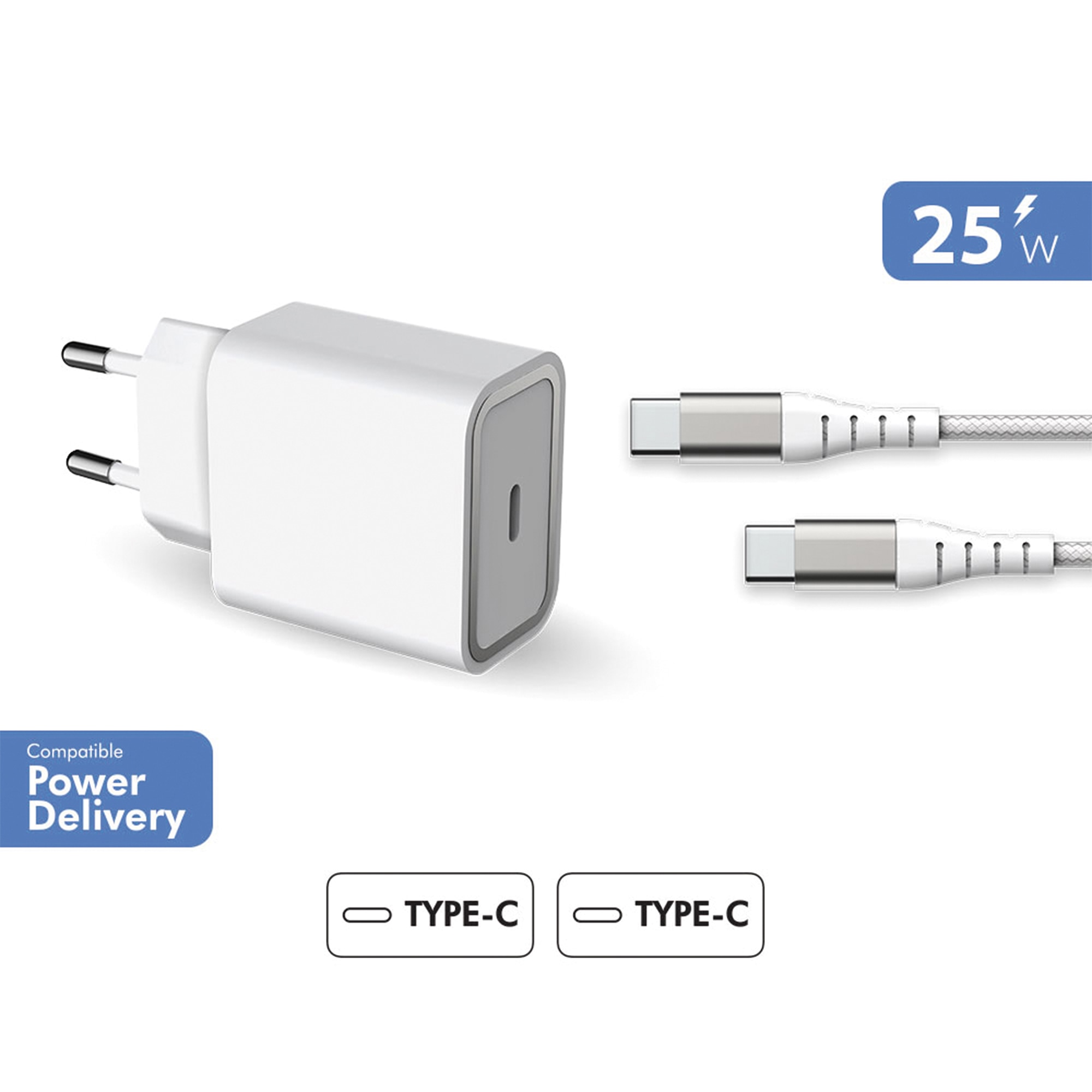 Cargador a Pared 25W Power Delivery con Cable USB-C Blanco-2