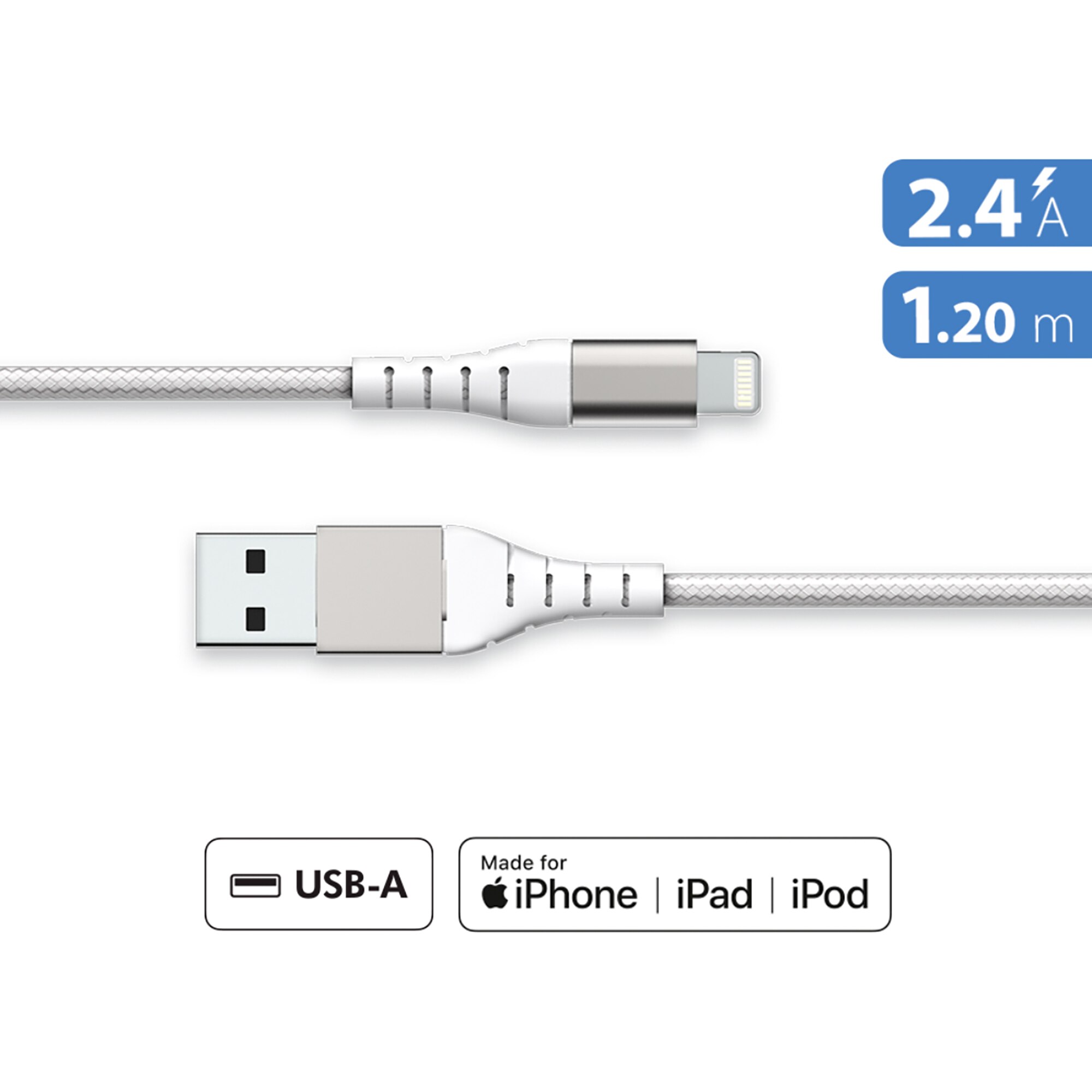 Cable Reforzado USB A - USB Lightning 1,2 m Blanco-2