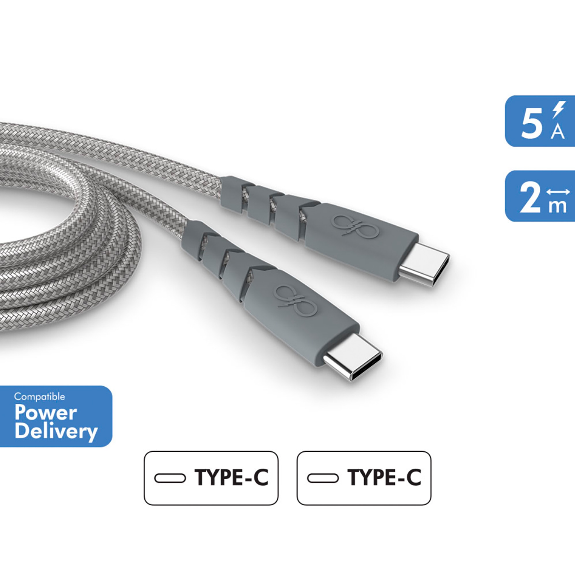 Cable Ultra Reforzado USB C - USB C 5A 2 m Gris-2
