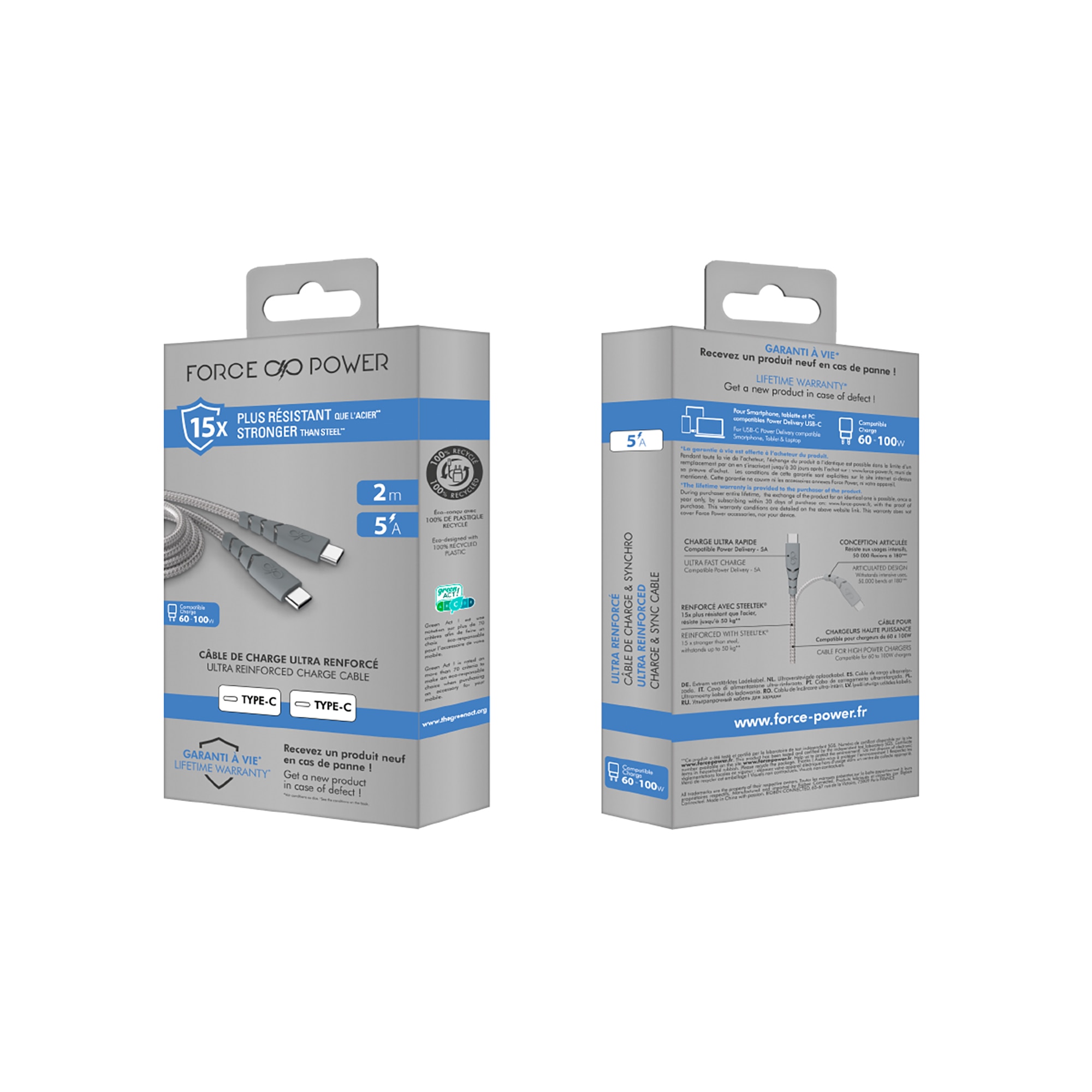 Cable Ultra Reforzado USB C - USB C 5A 2 m Gris-7