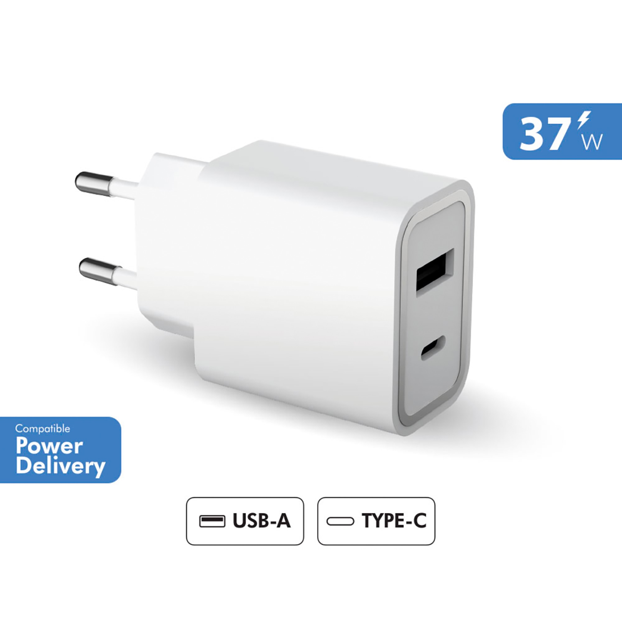 FORCE POWER - Cargador a Pared Doble Power Delivery USB A+C 12W+25W.