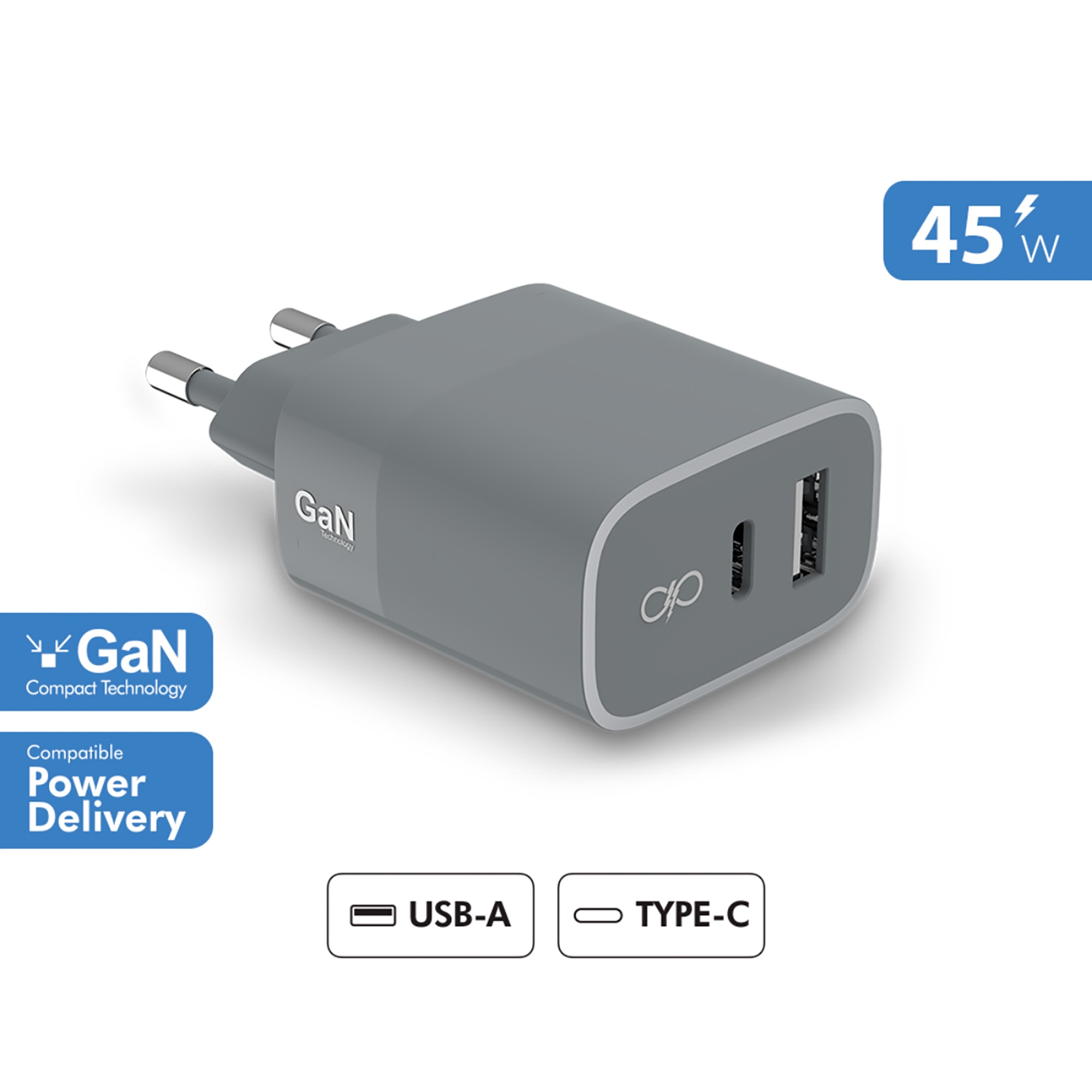 Cargador Doméstico Dual Force USB A+C Power Delivery 45 W Gris-2