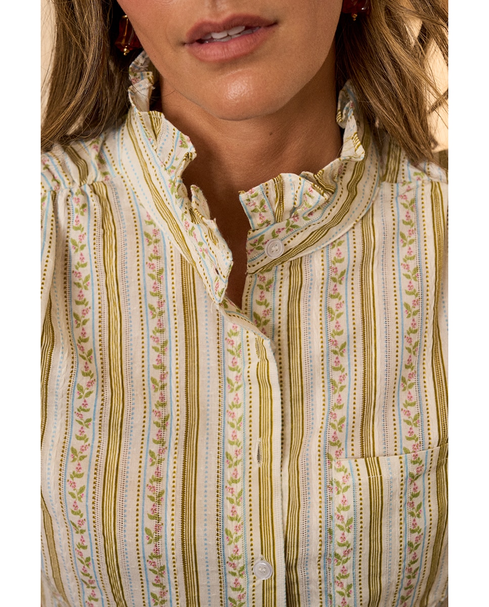 Camisa manga larga rayas y flores - Polin et Moi - Verde oscuro Verde oscuro-3