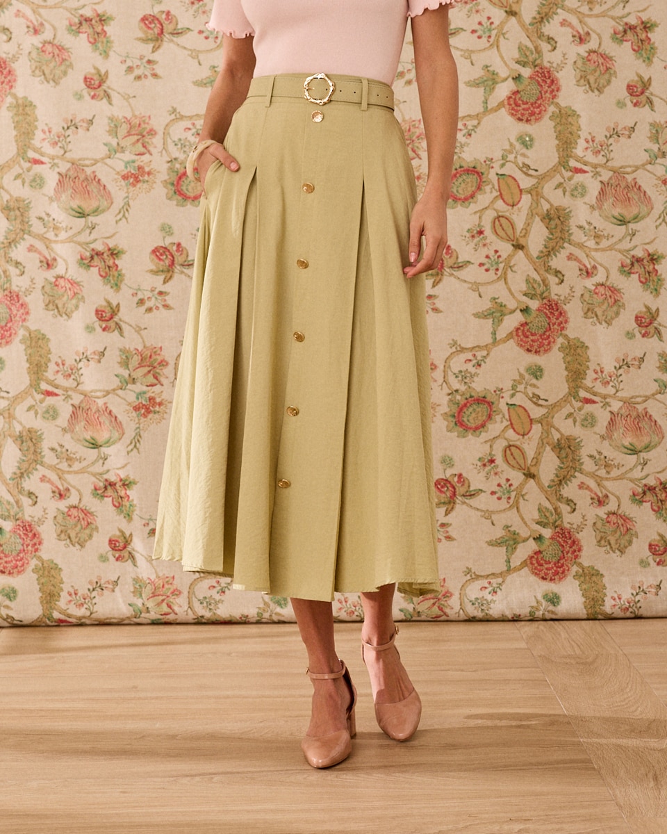Saia Midi com Cinto Verde-claro-5