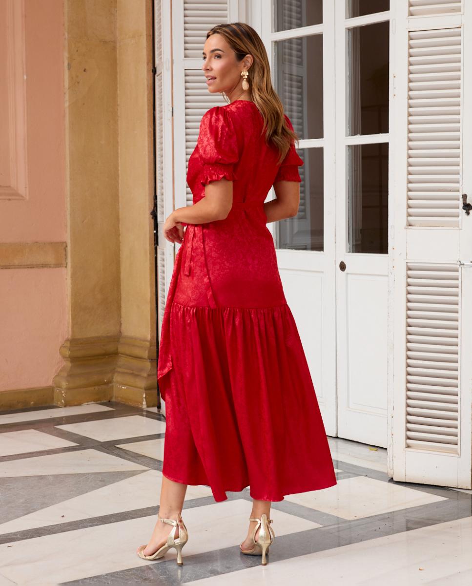 Vestido Comprido Cruzado com Mangas em Balão Vermelho-2