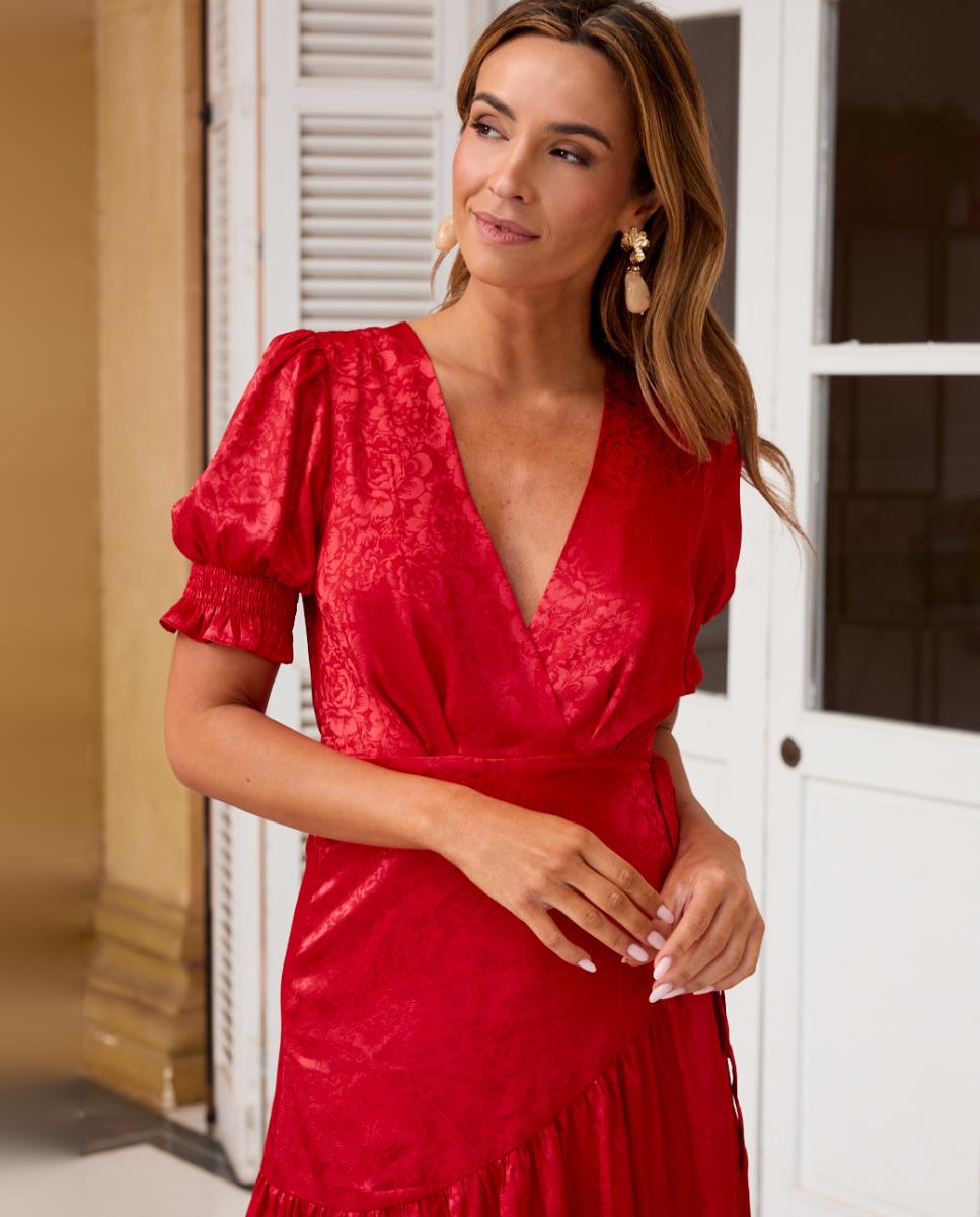 Vestido Comprido Cruzado com Mangas em Balão Vermelho-3