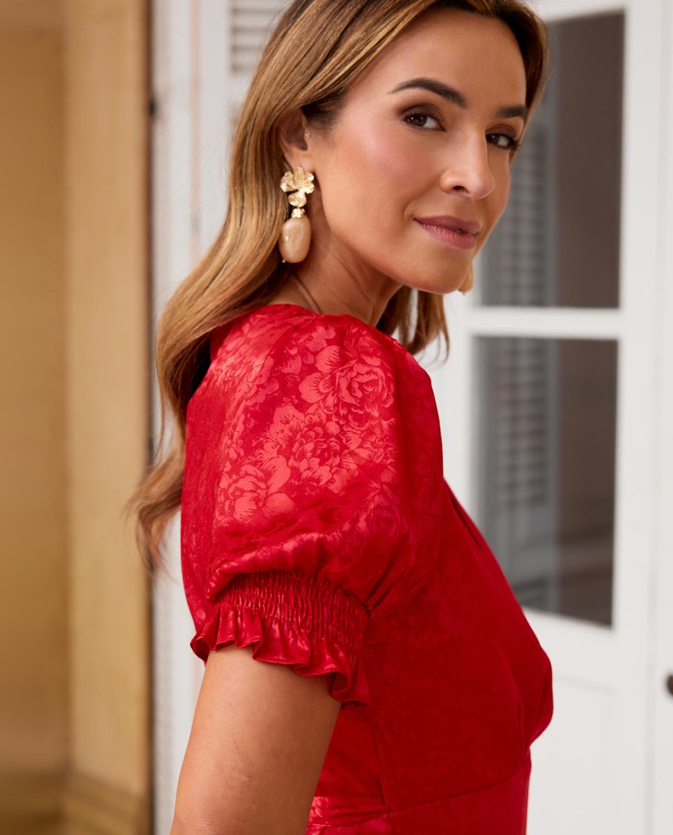 Vestido Comprido Cruzado com Mangas em Balão Vermelho-5