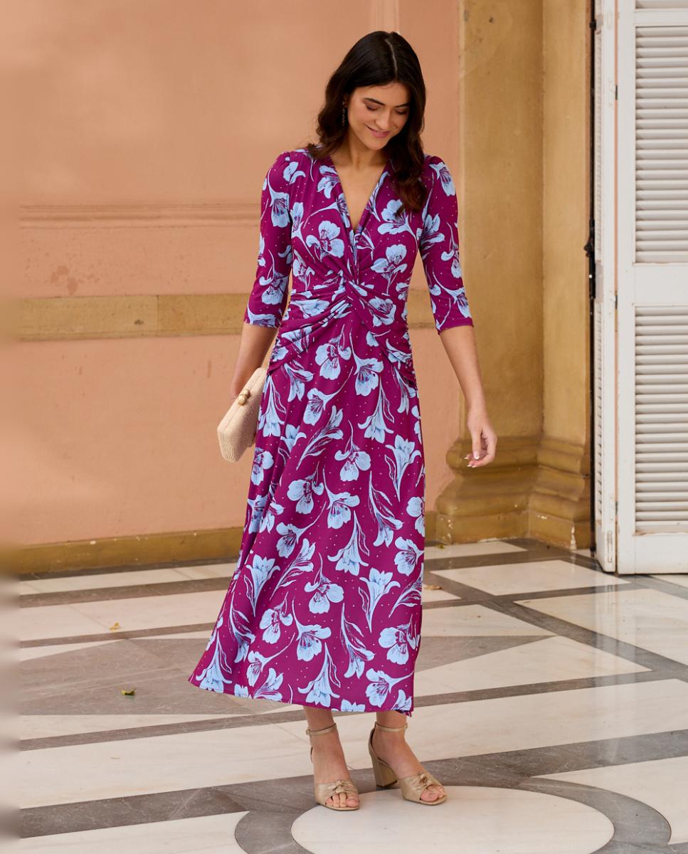 Vestido largo estampado con escote en V - Polin et Moi - Ciruela Ciruela-1