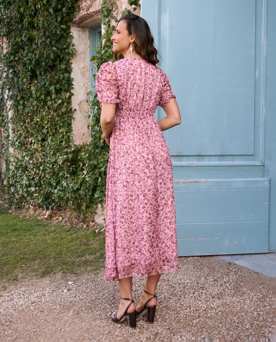 Vestido Midi Estampado com Mangas em Balão Rosa-claro-2