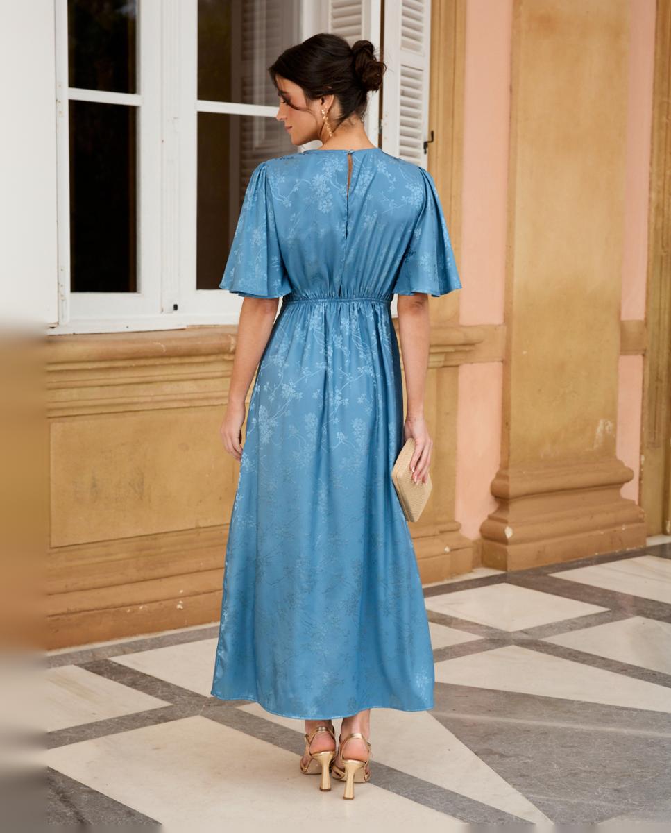 Vestido Midi Estampado com Decote em Bico Azul-índigo-2