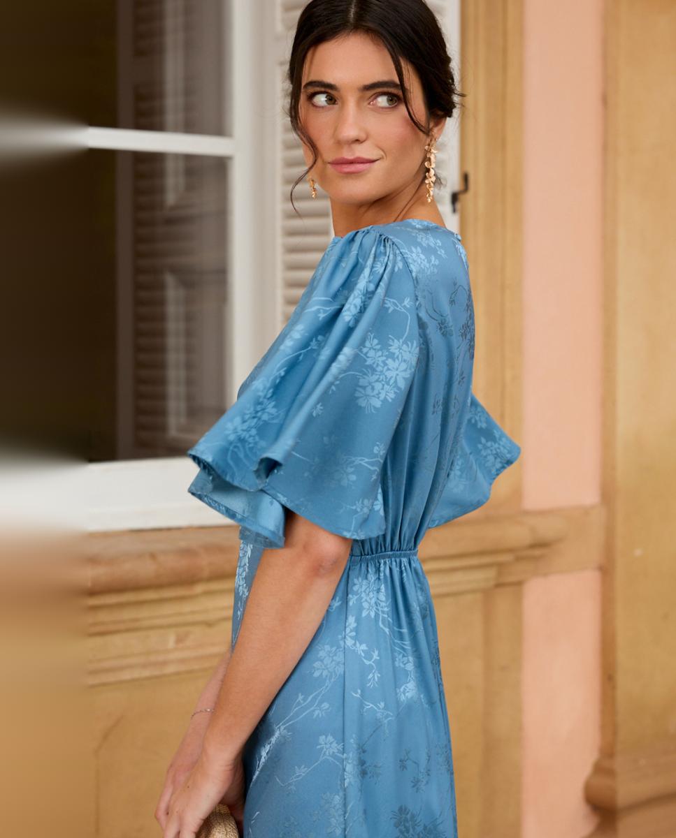 Vestido Midi Estampado com Decote em Bico Azul-índigo-3