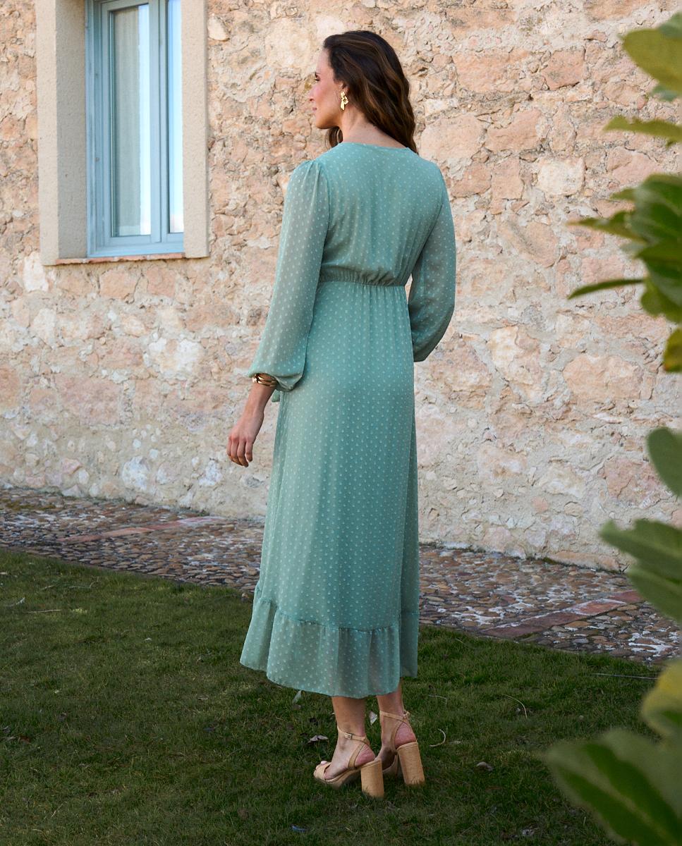 Vestido Midi de Plumetti com Folhos Verde Água-2