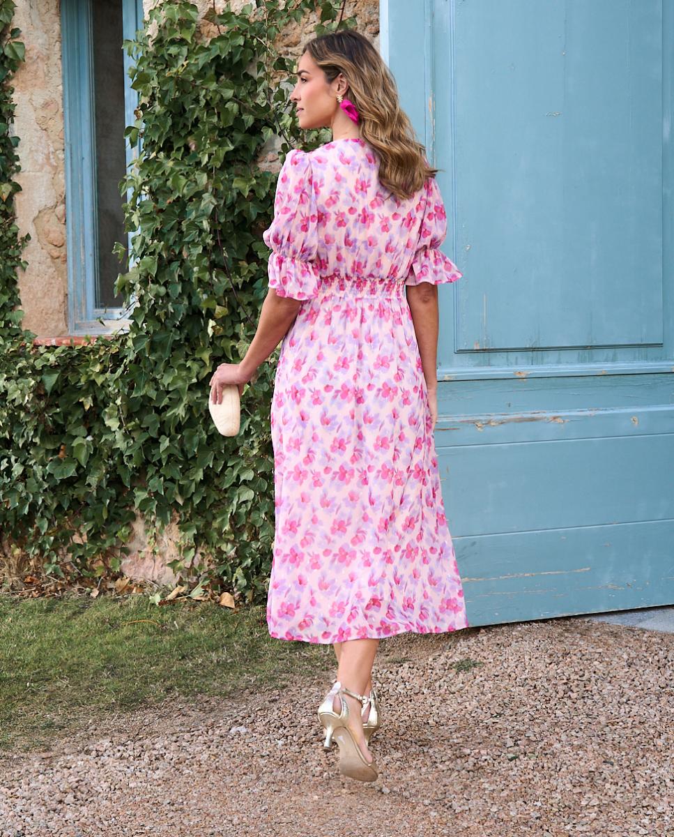 Vestido Midi Estampado com Mangas em Balão Nude-2