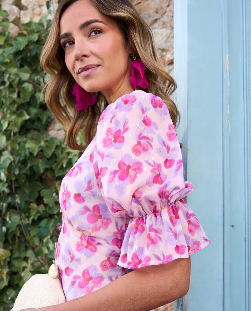 Vestido Midi Estampado com Mangas em Balão Nude-4