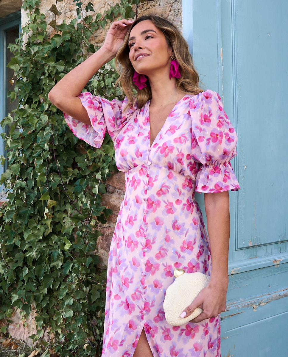 Vestido Midi Estampado com Mangas em Balão Nude-5