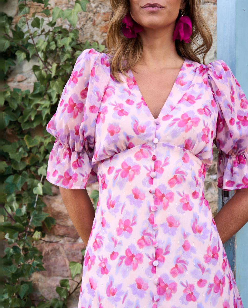 Vestido Midi Estampado com Mangas em Balão Nude-6
