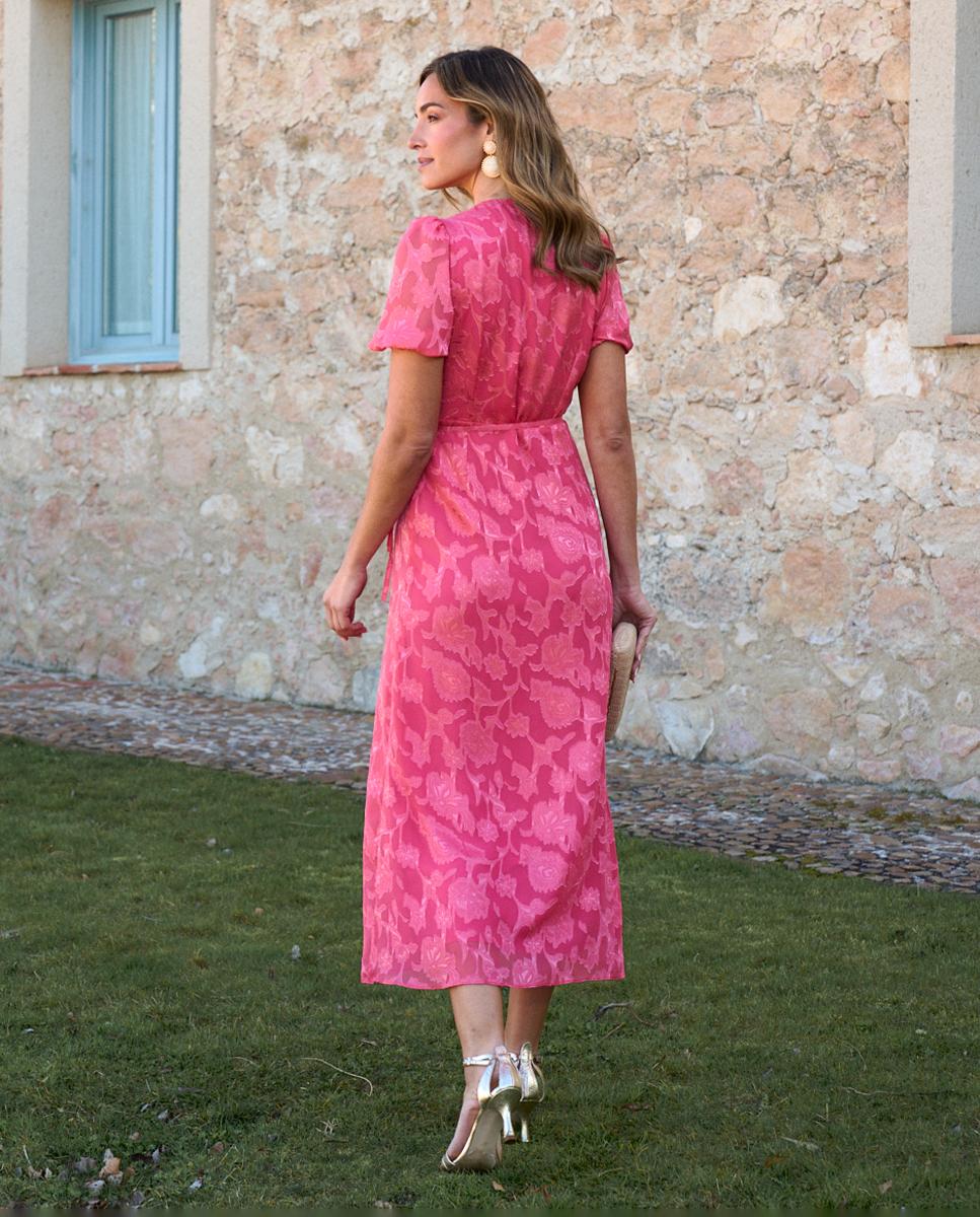Vestido Midi Estampado com Decote Cruzado Coral-2