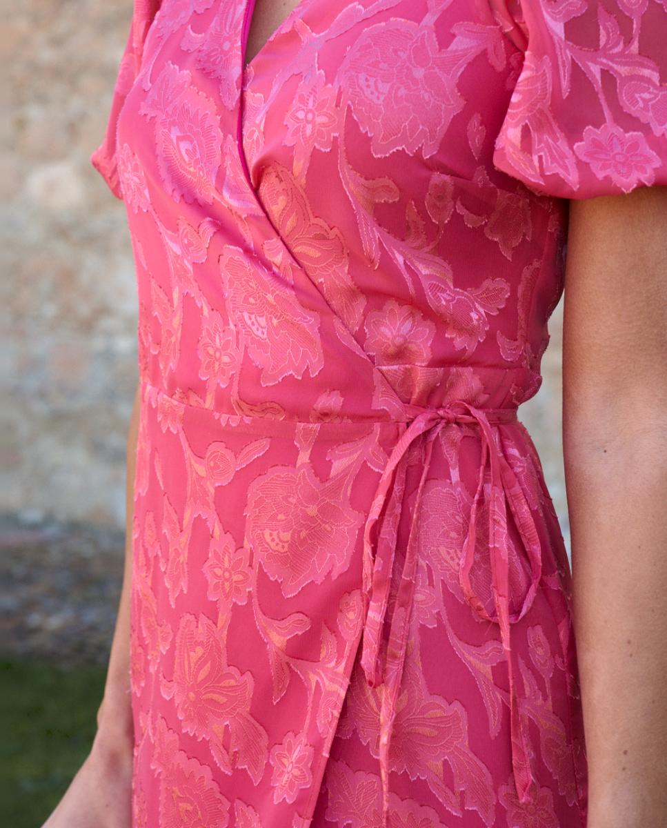 Vestido Midi Estampado com Decote Cruzado Coral-3